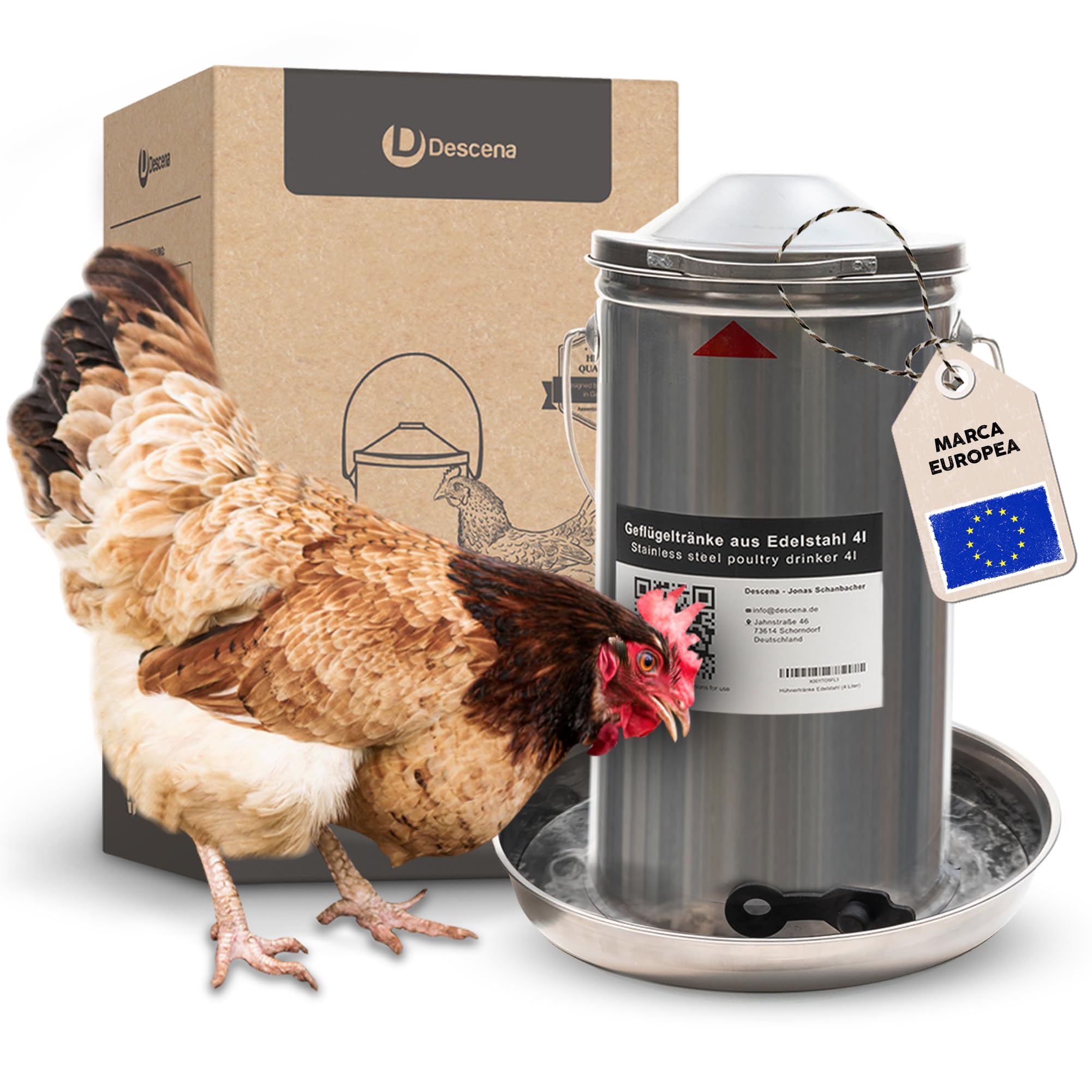 Bebedero para Gallinas 4L de Acero Inoxidable 304 (V2A) – Llenado Superior, Compatible con Calentadores y Placas calefactoras, para gallinero