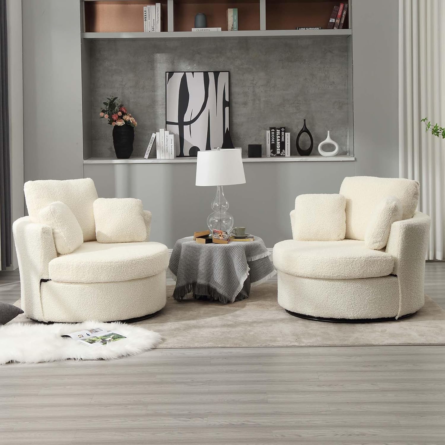 Swivel Barrel Chair, Modern Fabric Oversized 360 Degree Club Accent Arm Chairs, Single Round Living Room Sofa Chair w/ 3 Pillows for Nursery, Bedroom, Reading, Office, Ivory