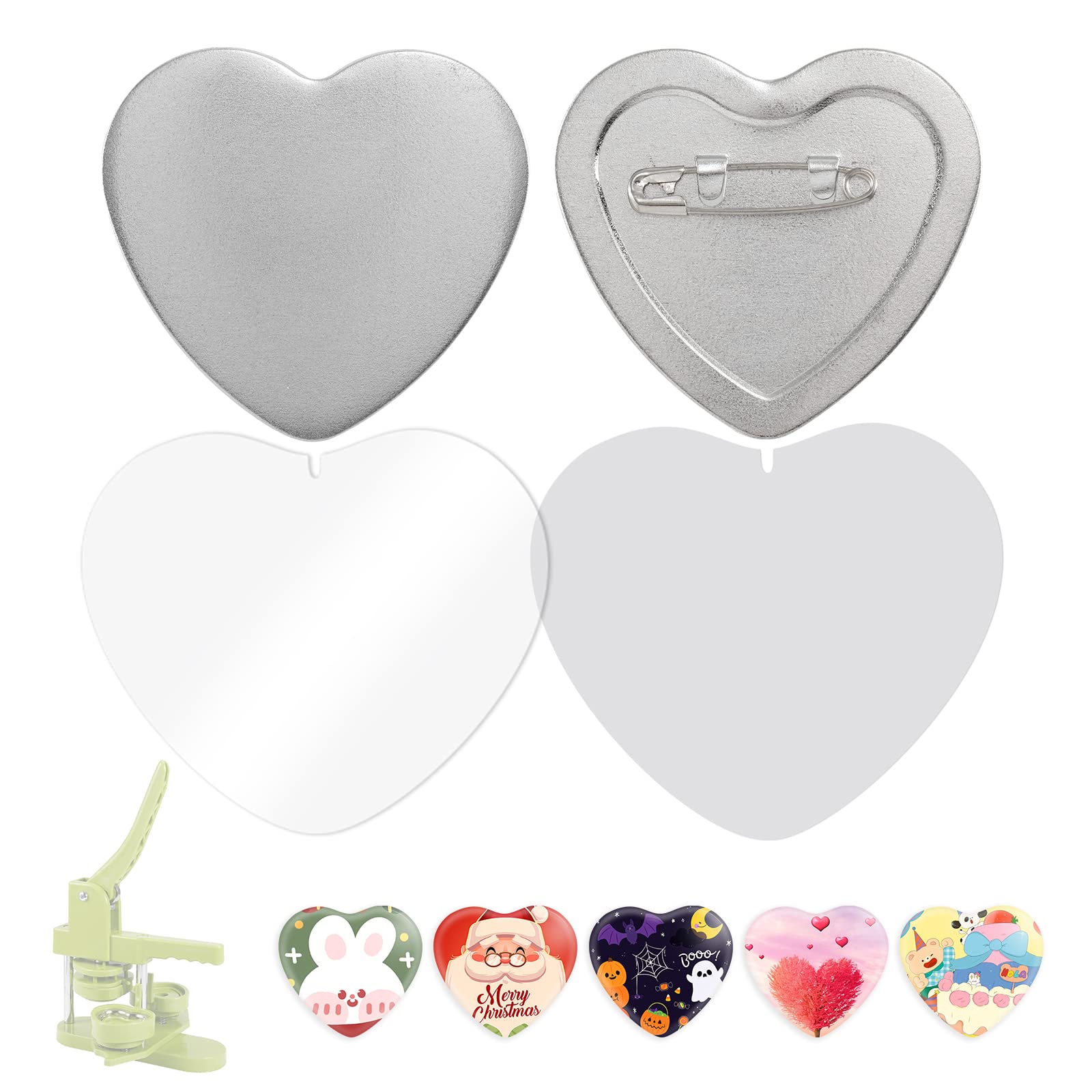 BEAMNOVA 100 Sets of Heart Button Maker Supplies Metal Button Parts for Pin Making Machine Heart-Shaped Bottom Pin Set, Every Set Includes Top, Clip Bottom & Plastic Film