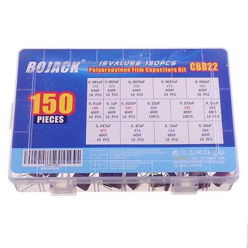 Miniatura 5 de BOJACK 15 Valores 150 Pcs Película de Polipropileno Metalizado Condensador DC 400V/0.01uF ~ 0.56uF 630V/0.001uF ~ 0.068uF Kit Surtido
