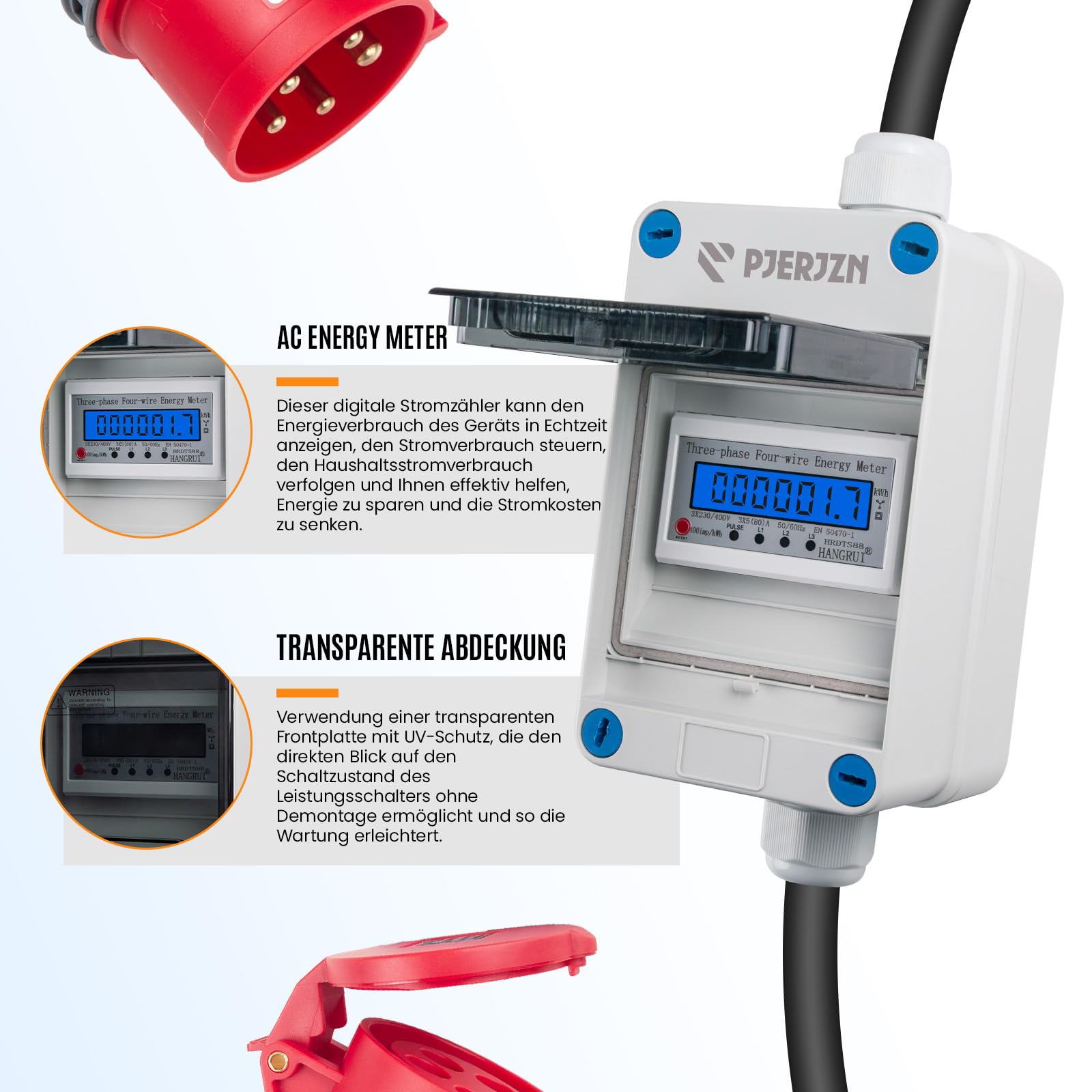 Contador de corriente trifásica de 3 fases, 32 A, 400 V, con enchufe CEE y acoplamiento, cable H07RN-F de 2 m, contador intermedio para enchufe, caja de pared de 11 kW y obras