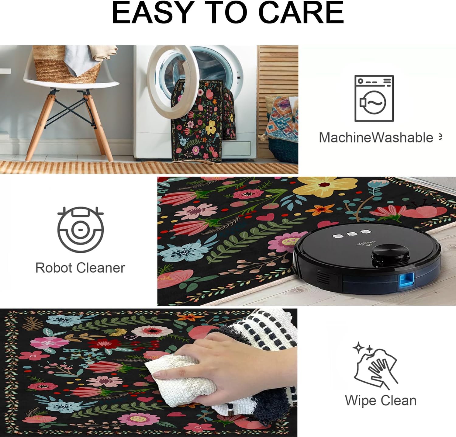 Bedroom Rug,5x7Rug Washable Area Rug,Non-Slip Ultra-Thin Soft Dining Room Rug,Floral Rugs for Bedroom,Bedside,Kitchen,Entryway,Office