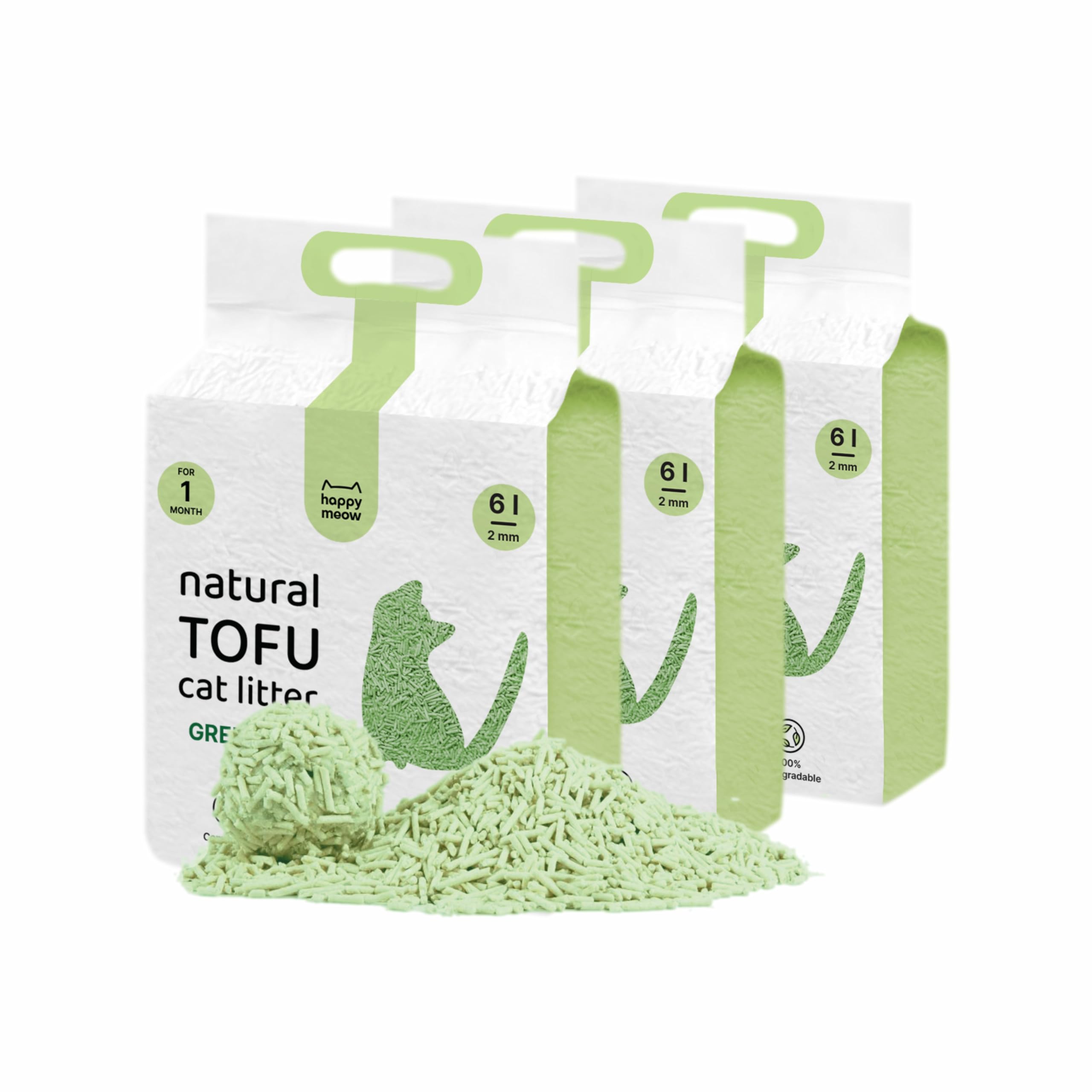 HAPPY MEOW Arena Aglomerante para Gatos Tofu 7.5 KG/18l Arena Tofu 100% Natural e Biodegradable Fórmula Libre de Polvo (Té Verde)