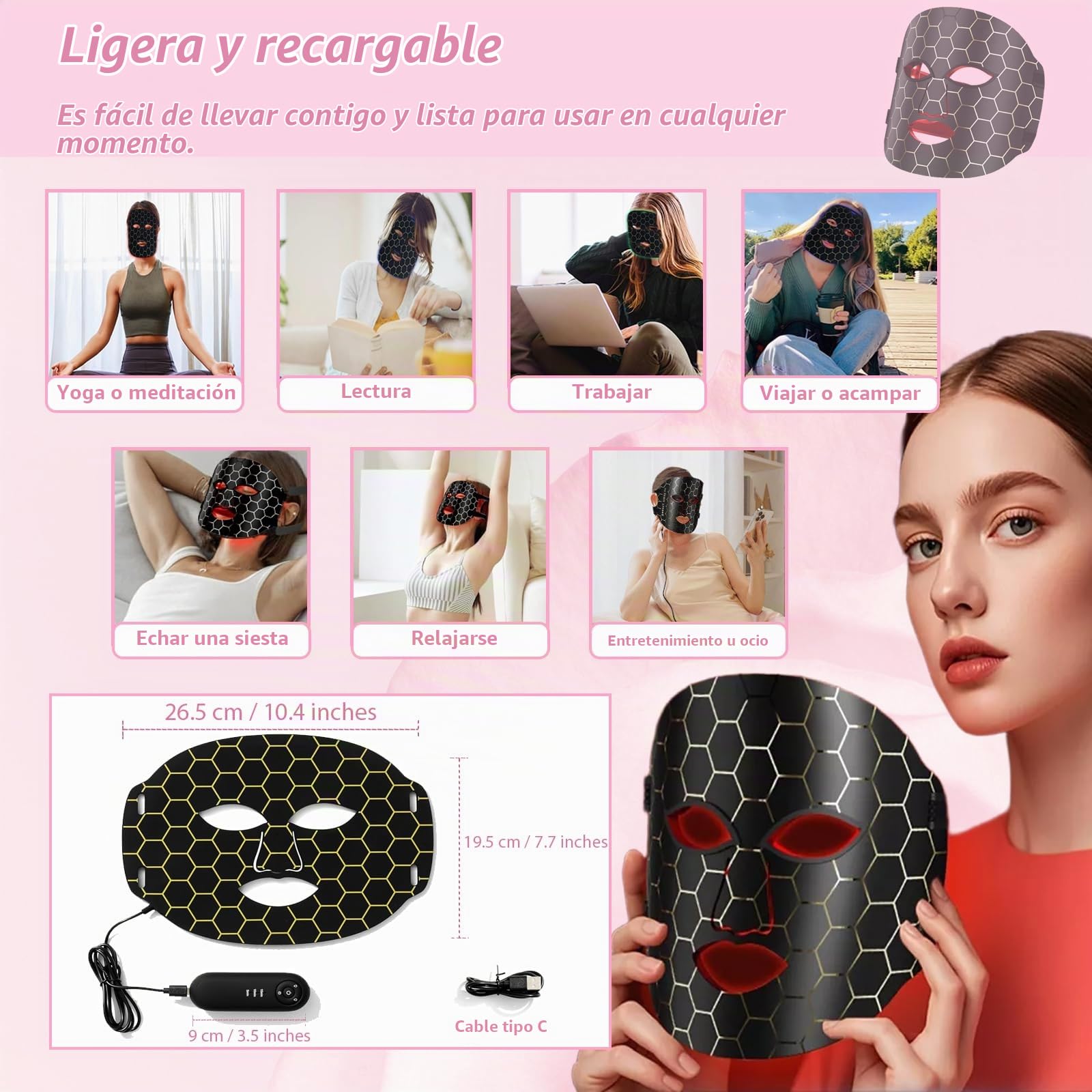 Máscara LED Facial, Quellsotty Máscara Facial LED con Terapia de Luz Roja para La Cara y La Piel, 7 Colores Mascarilla LED para Rejuvenecimiento, Anti-envejecimiento