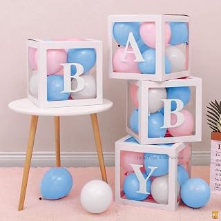 Indy Toys And Fashion 4 Pcs Baby Letter Balloon Box/White Surprise Box/Transparent Box With 20 White,20 Pink & 20 Blue Pastle Balloons For Baby Shower/Welcome New Born Baby Decor Box-Rubber