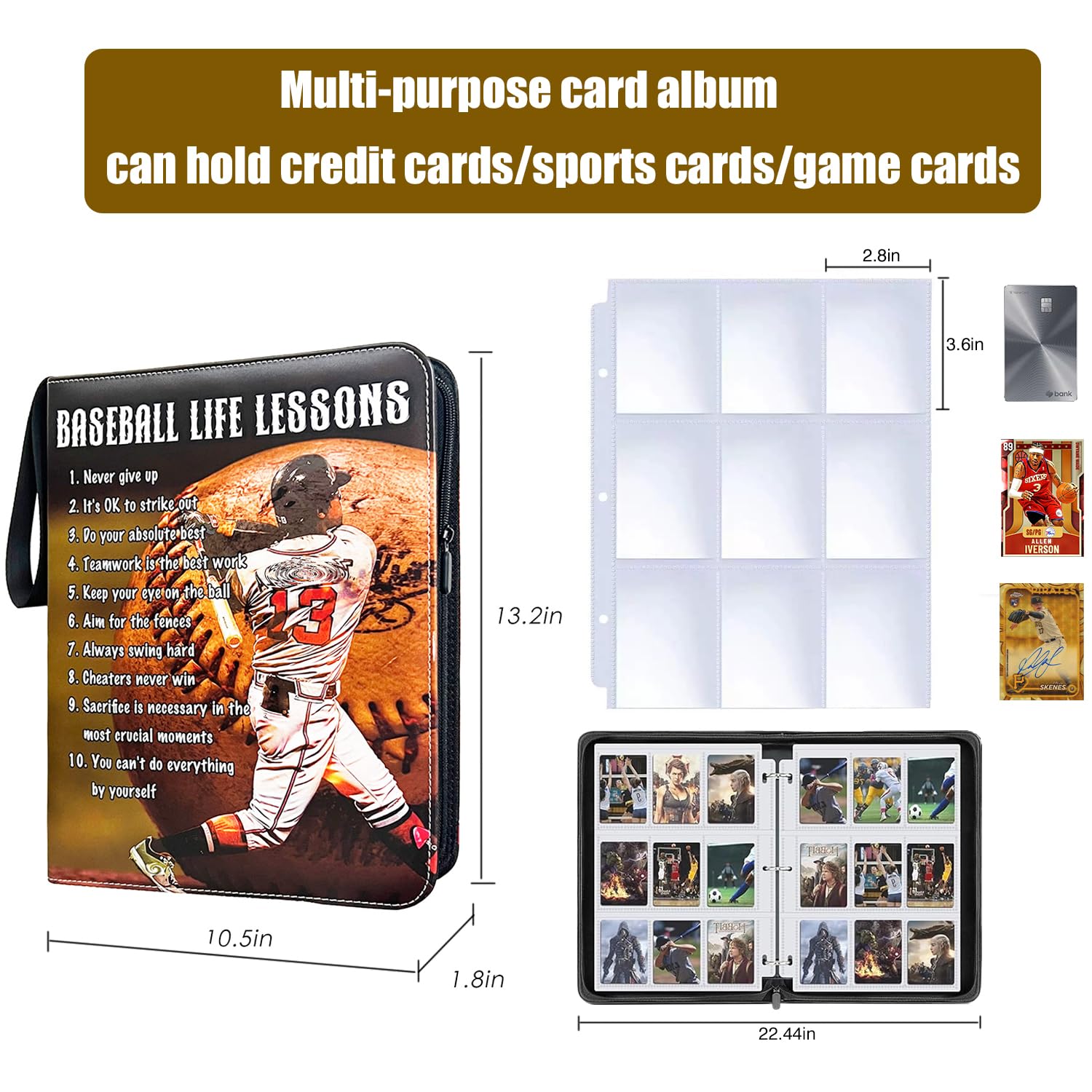 Baseball Card Binder with 900 Pockets, Trading Card Binder, 9 pocket card binder, Collectible Trading Card Albums Fits 900 Sport Cards with 50 Removable Sleeves