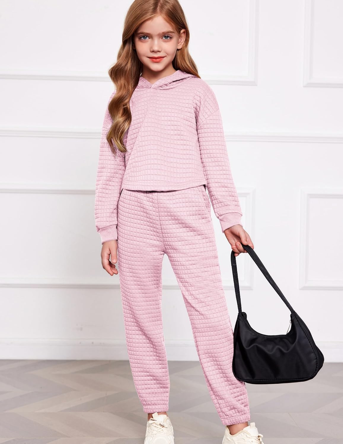 Arshiner Girls 2 Piece Outfit Waffle Knit Pullover Hooded Sweatshirt and Sweatpants Clothing Sets Long Sleeve Tracksuits - Image 7