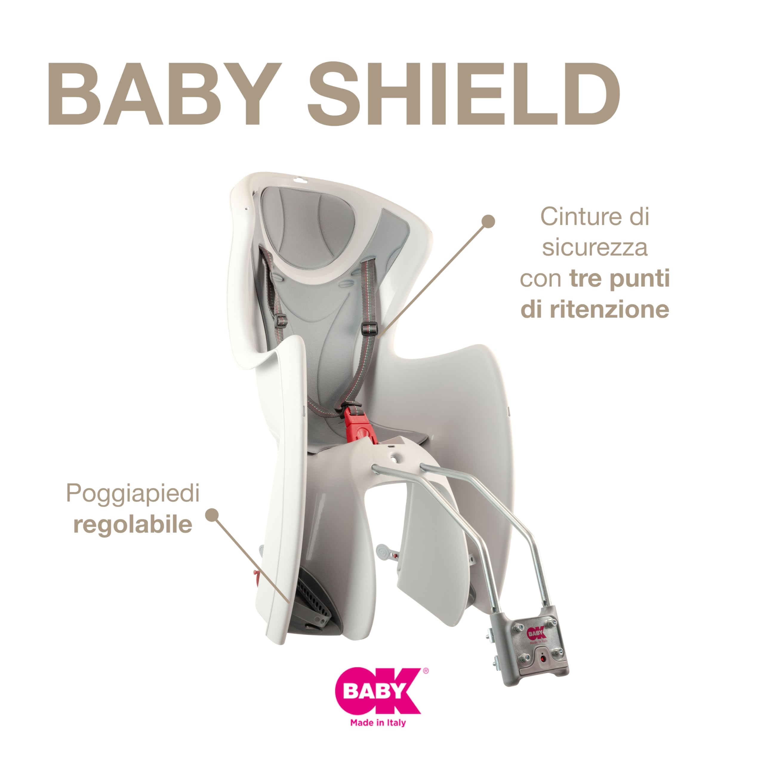 OKBABY Baby Shield - Seggiolino da Bicicletta Posteriore per Bambini, Portata Massima: 22 kg, Per telai con diametro compreso tra 28 mm e 40 mm, Argento