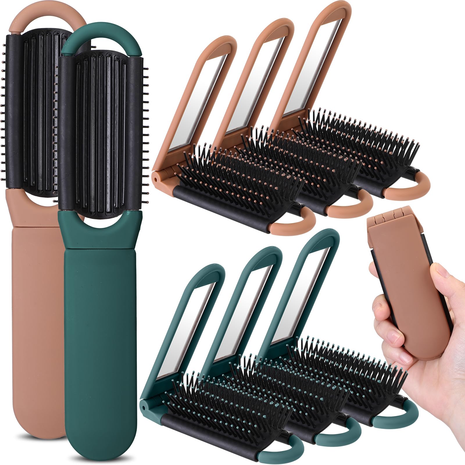 Uiifan8 Pcs Folding Hair Brush with Mirror Small Foldable Hair Brush Compact Pocket Size Purse Brushes for Women Collapsable Massage Comb for Men Travel Car Gym Bag Purse Locker, Dark Green, Brown