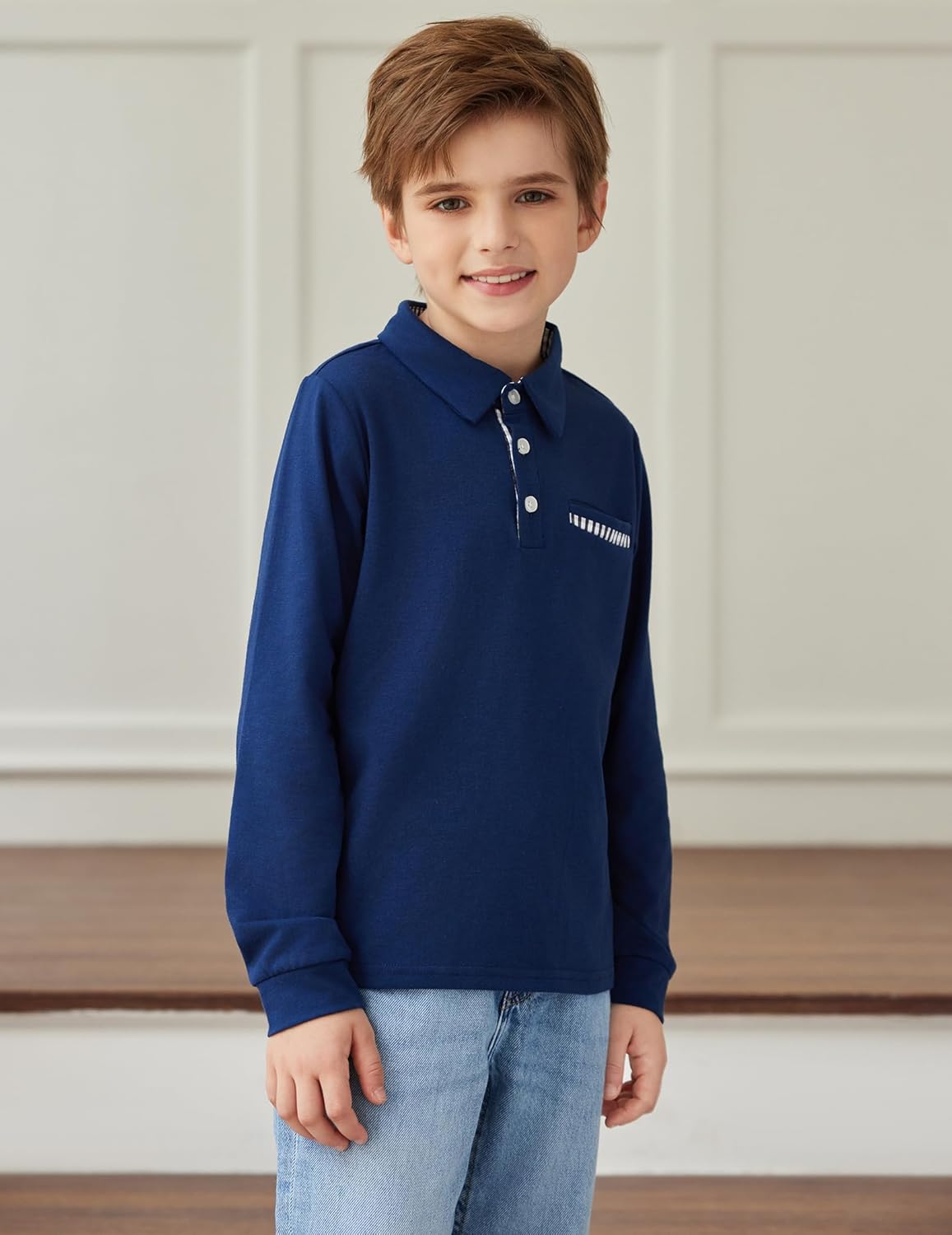 Arshiner Boy's Long Sleeve Plaid Trim Polo Shirt School Uniform Shirt with Pocket for 4-12 Years - Image 3