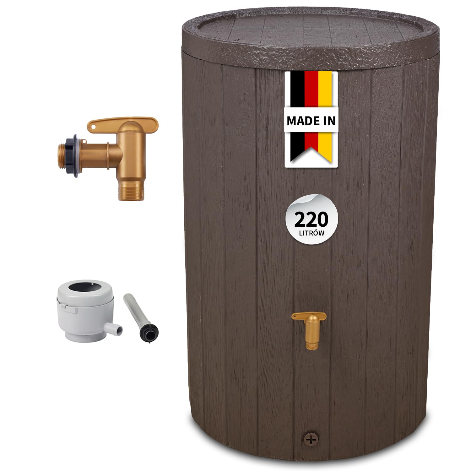 4rain MADERA zbiornik na deszczówkę zestaw kompletny 220 l brązowy | z kranem spustowym z tworzywa sztucznego i przyłączem do rury spustowej