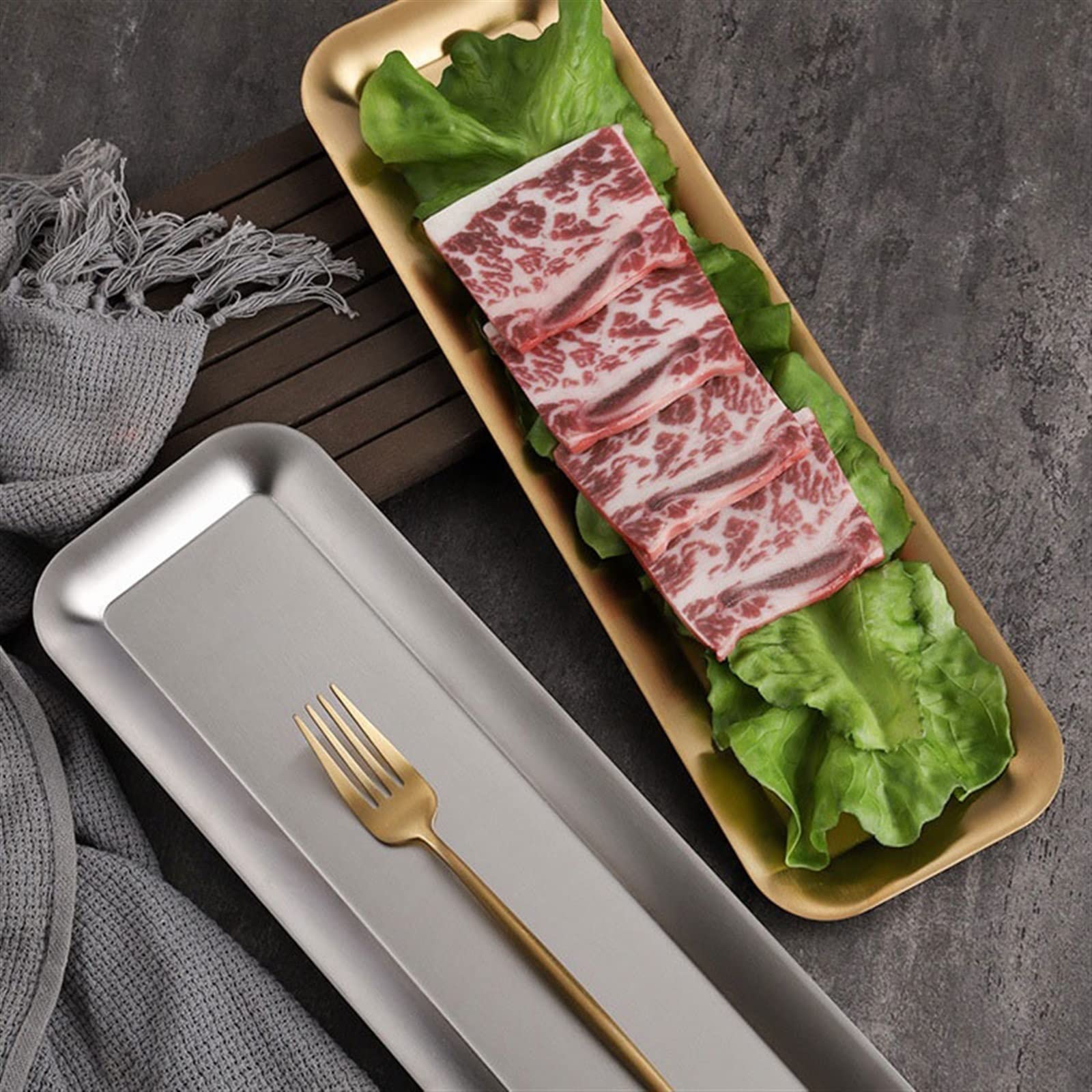Bandeja Bandeja Decorativa Rectangular de Acero Inoxidable 304 Engrosada Almacenamiento Metal Fondo Plana Servicio Mesa Bandejas para Servir Comida(A)