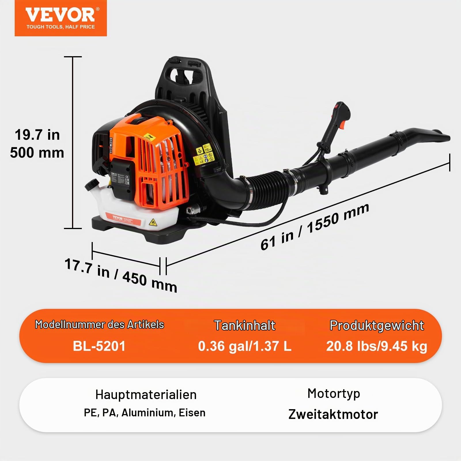 VEVOR Laubbläser als Rucksack, 52 CC 2-Takt-Benzin-Laubbläser mit 1,37 l Kraftstofftank, 480 CFM Luftvolumen, 175 MPH Geschwindigkeit, ideal für Rasenpflege, Laubreinigung und Schneeräumung