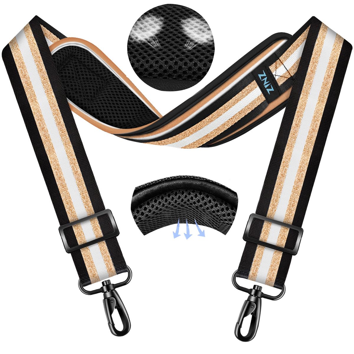 ZINMARK Shoulder Strap 59 inch, Extra-Thick Fixed Cushion Pad and Dual Clasps Universal Replacement Strap for Bags, Camera, Crossbody，Lawn mower -Black Gold Jacquard