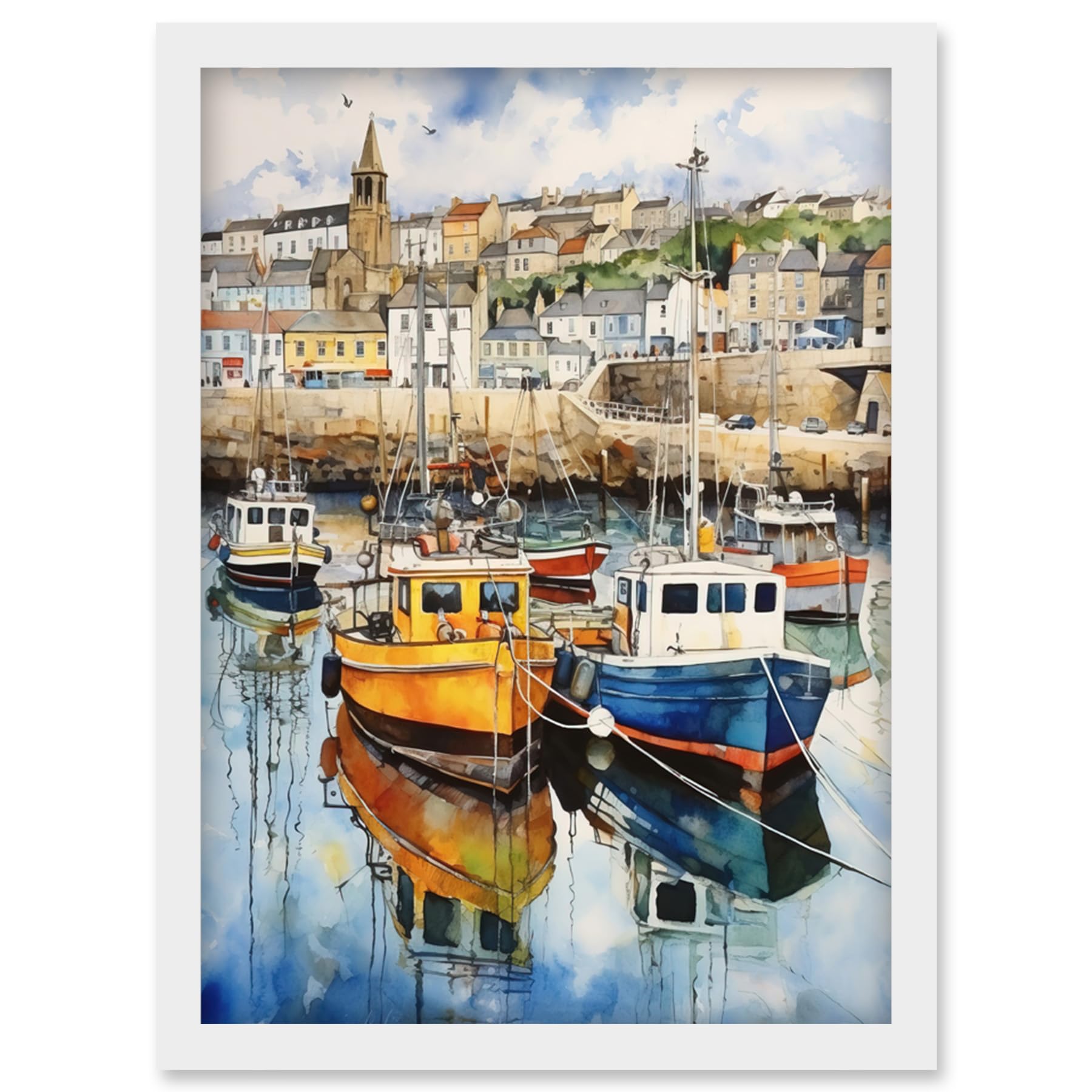Artery8 Penzance Harbour Trawler Boats Promenade Watercolour Painting Cornwall Coastal Townscape Artwork Framed Wall Art Print A4