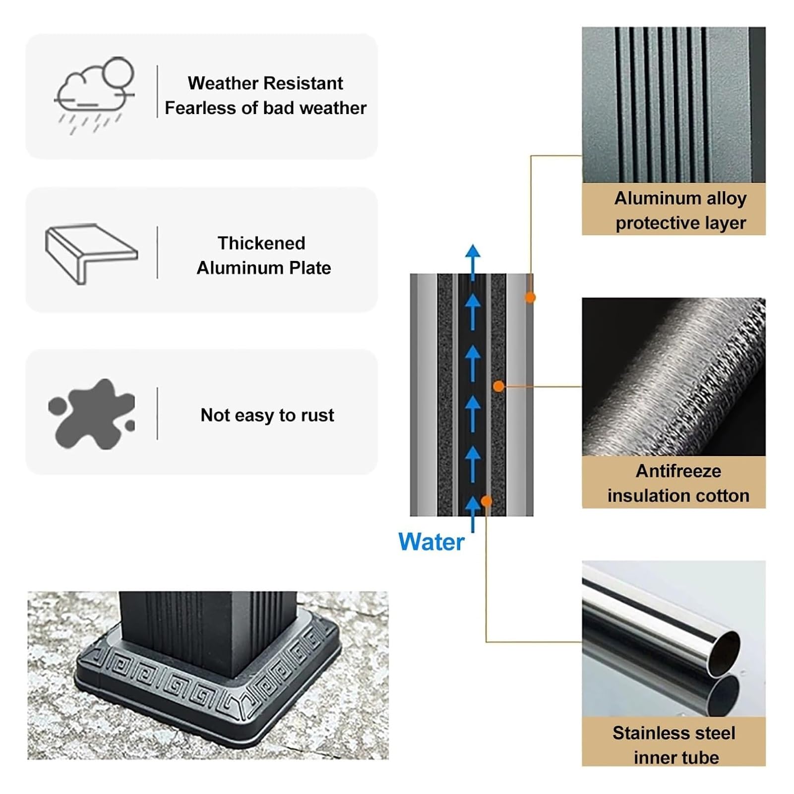 Wolnostojąca kolumna ogrodowa do nawadniania ogrodu, aluminiowy stojak na wąż z kranem odpornym na zamarzanie, zapewniającym łatwy dostęp do wody – konstrukcja pionowa (szary B)