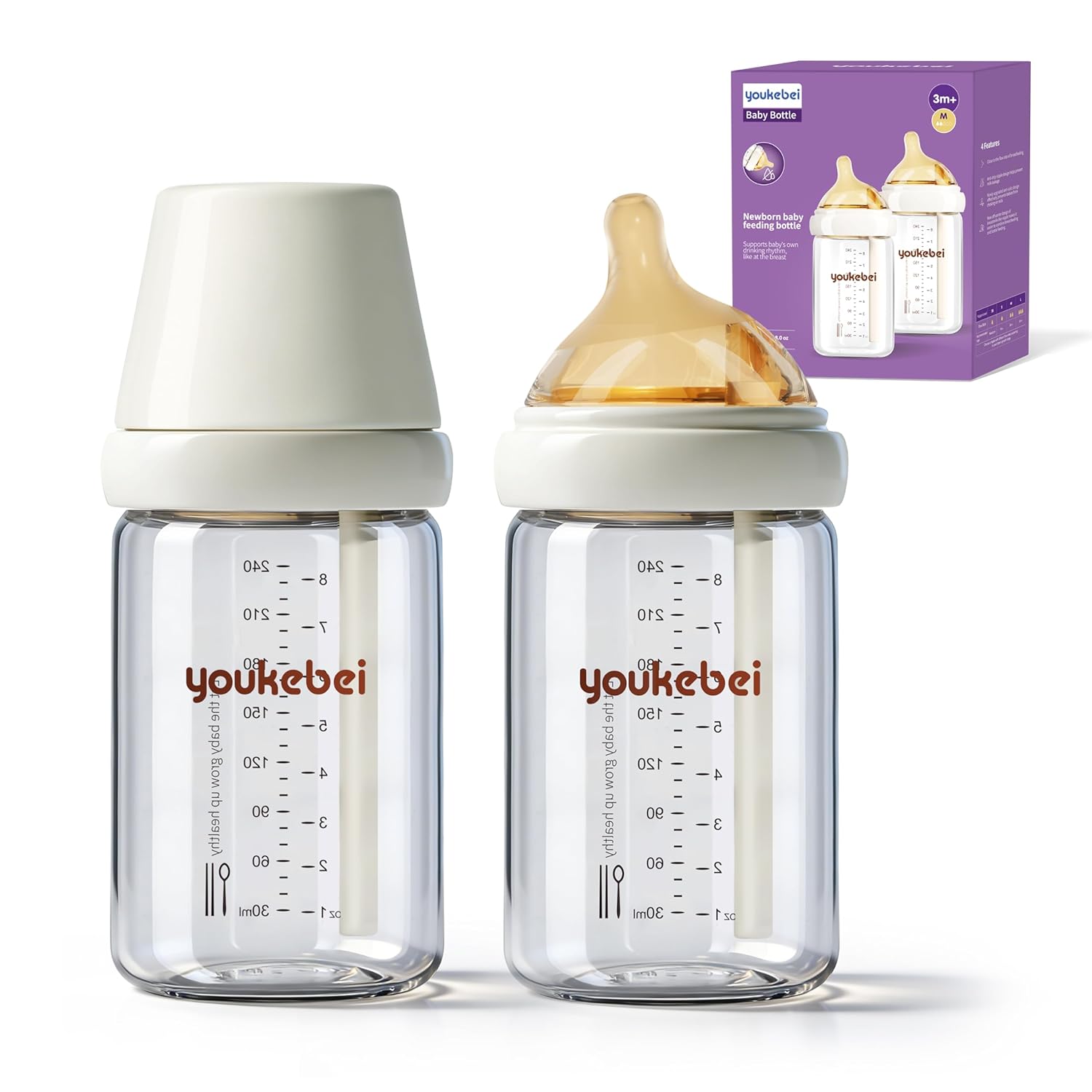 Natural Glass Baby Bottle for Breastfed Babies, Anti-Colic Baby Bottle Set with Medium Flow Nipple(M), 3 Months +, 8 oz, 2 Pack