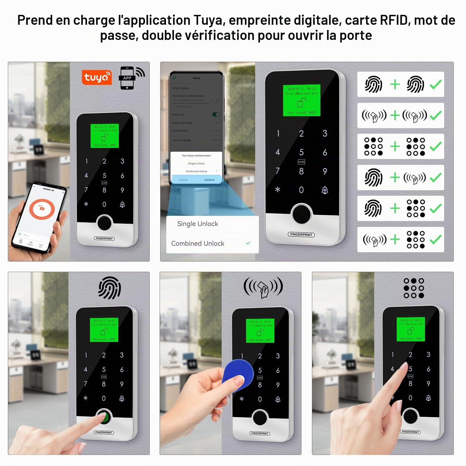 Kit de contrôle d'accès ReaIOKbii Bluetooth avec application Tuya, système de contrôle d'accès intelligent par empreinte digitale et RFID, serrure de porte à clavier tactile, serrure à mortaise