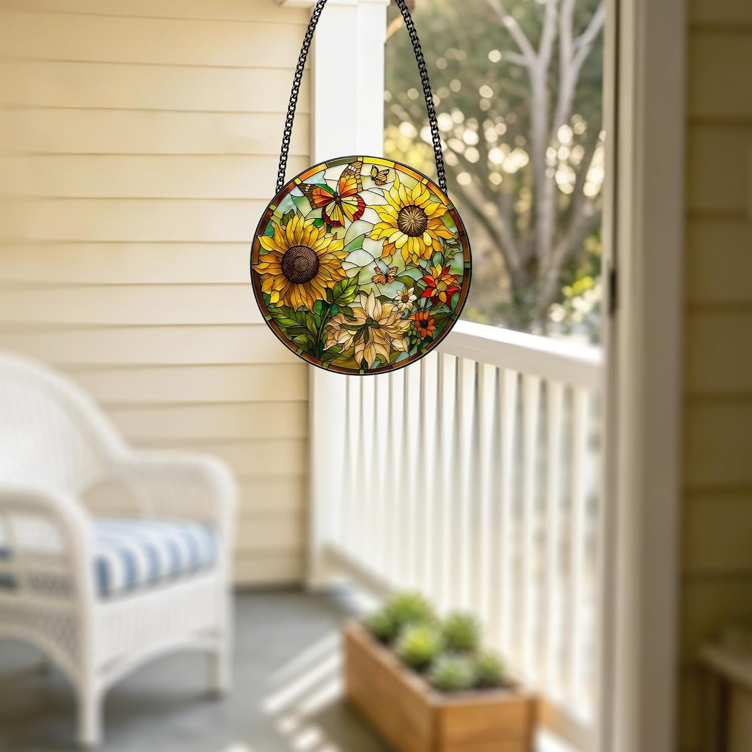 Stained Glass Window Hanging, Sunflower Sun Catchers Glass Panel Yellow Suncatcher Decor for Birthday, Women, Men, Wife, Aunt, Lovers, Home Garden 7.8 in