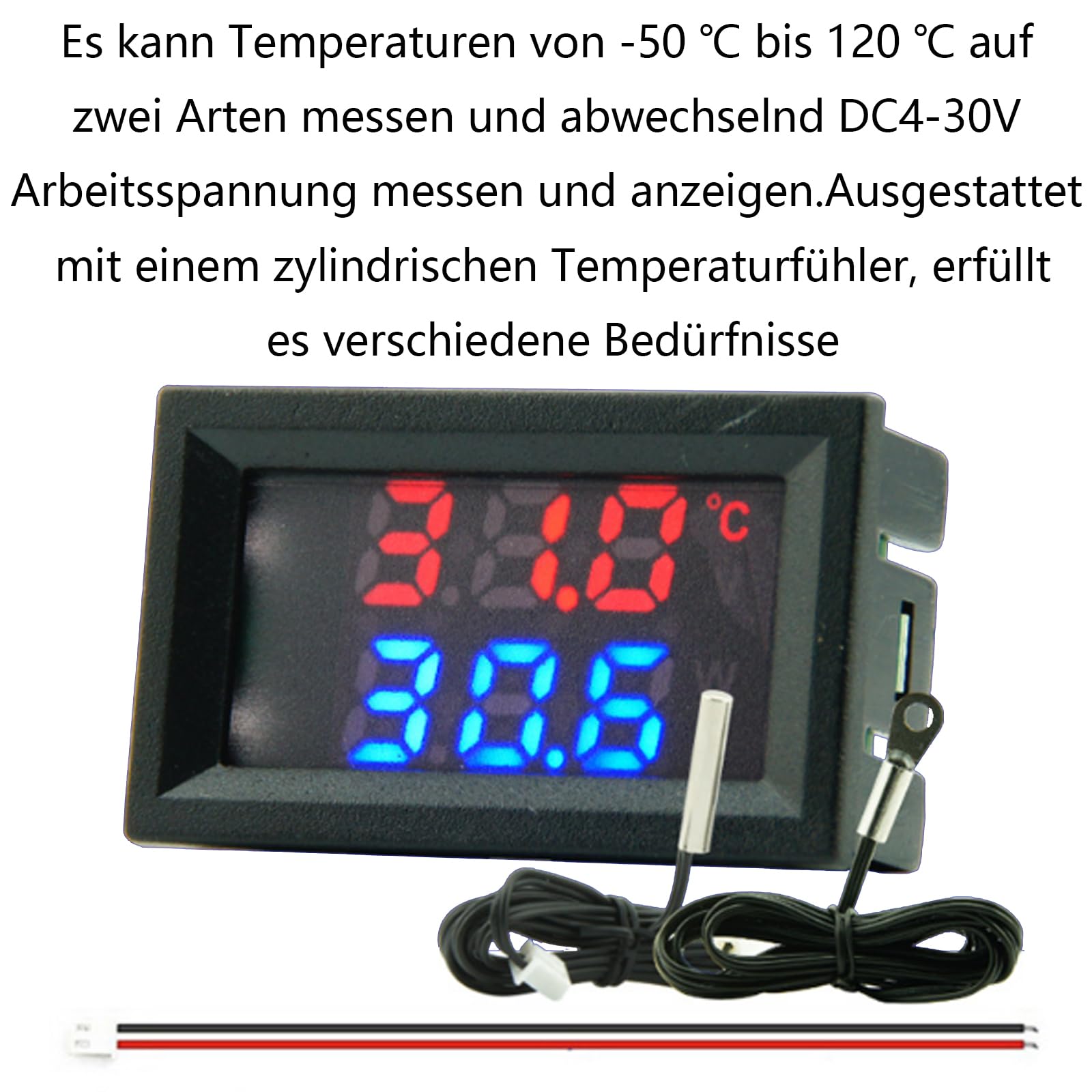Termometro Digitale Doppio Display 4~30V Alimentazione Diretta Impermeabile Sensore di Temperatura Metallo Rosso Argento Blu