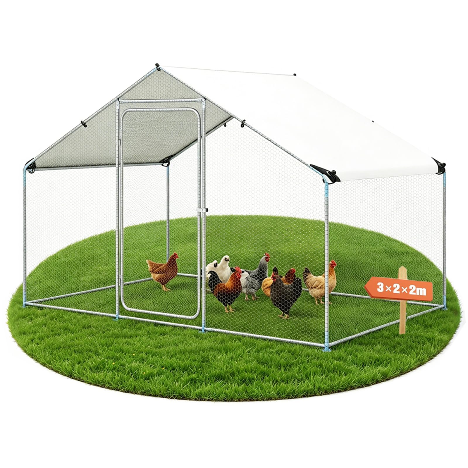 GYMAX Gallinero para Exterior Grande, 300 x 203 x 202 cm Jaula Gallinas de Metal con Corral Accesible, Cubierta Impermeable, Puerta Bloqueable y Estacas, Recinto Gallinero para Jardín, Granja