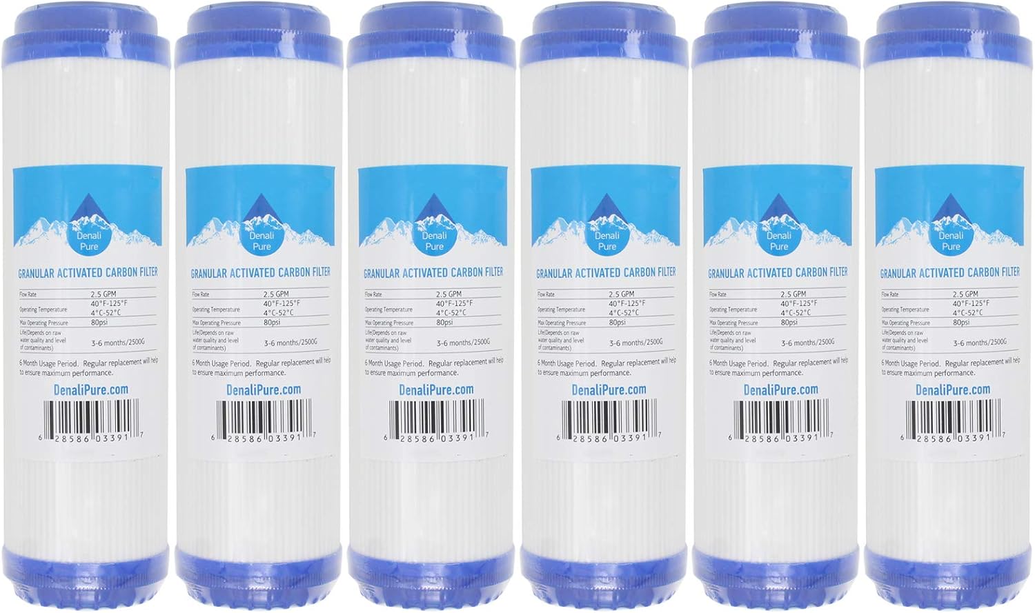 6-Pack Replacement for PurePro FS401P-S Granular Activated Carbon Filter - Universal 10-inch Cartridge Compatible with PurePro Aquarium RO System - Denali Pure Brand