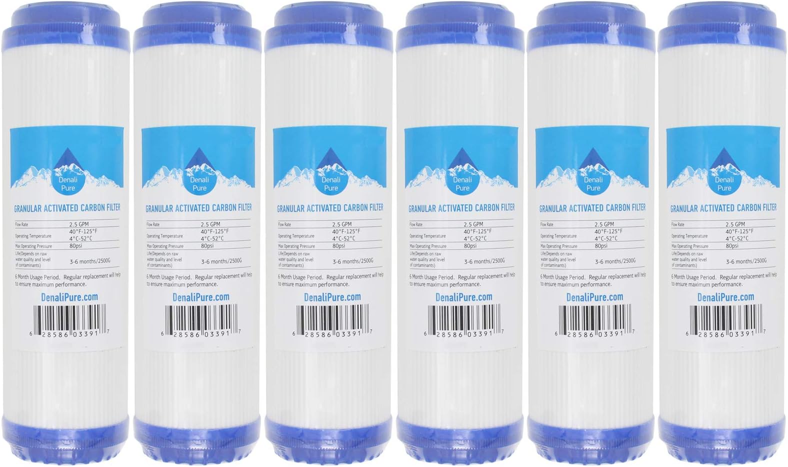 6-Pack Replacement for Hydronix HF2-10CLWH12 Granular Activated Carbon Filter - Universal 10-inch Cartridge Compatible with Hydronix HF2-10CLWH12 10â€ Clear Body - Denali Pure Brand