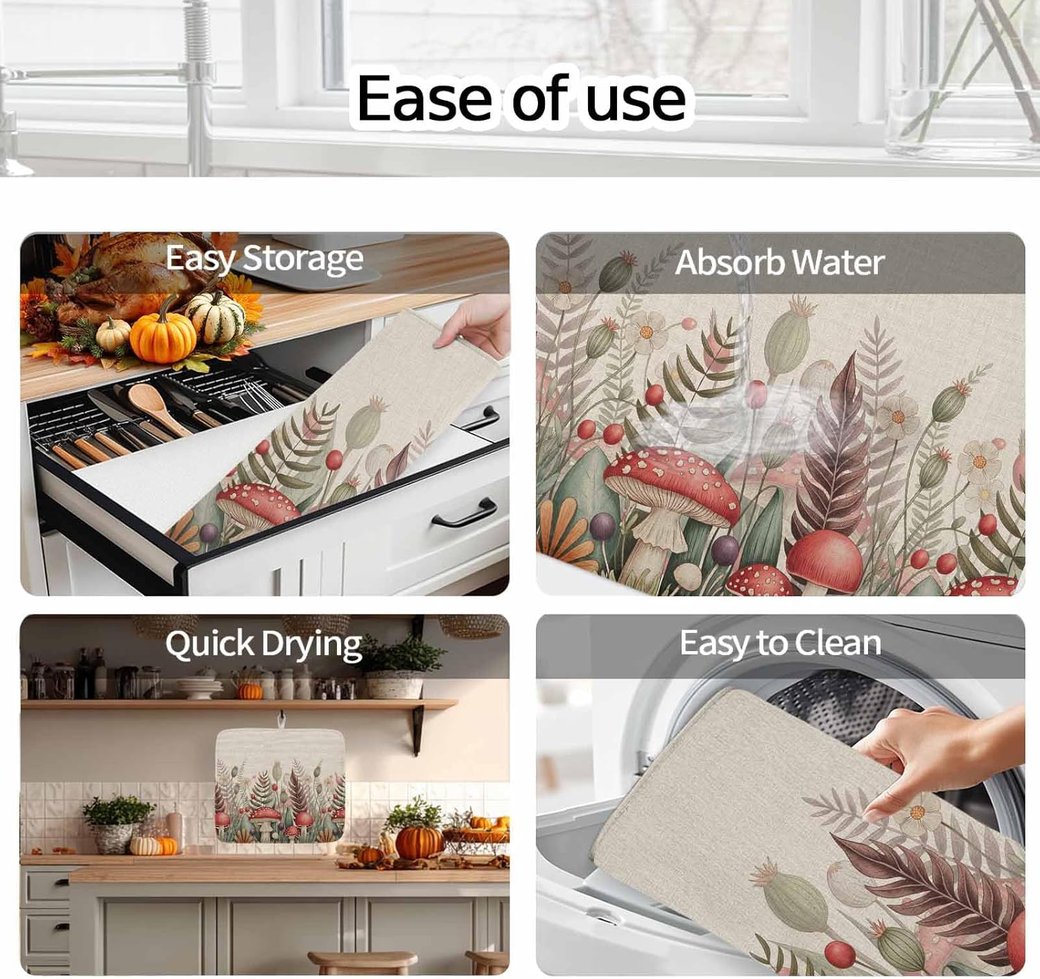 Retro Farmhouse Mushroom Plant Dish Drying Mats for Kitchen Counter,Absorbent Microfiber Dish Drainer Rack Mat Rustic Botanical on Linen Drying Pad for Sinks,Utensils,Countertops,18x24in