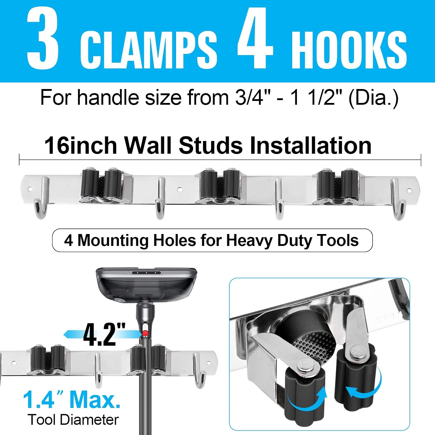 Tskcos Mop and Broom Holder Wall Mount Heavy Duty, Sturdy Stainless Steel Broom Garden Garage Tool Organizer, Mop Broom Hooks Hanger Storage Rack for Home Organizing (3 Racks 4 Hooks)