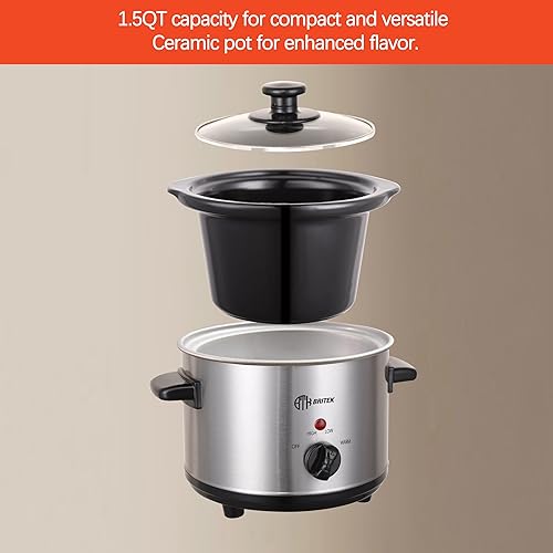 Miniatura 4 de Britek Pequeña olla de cocción lenta de 1.5 cuartos de galón, ideal para dos personas, no tóxica con revestimiento inoxidable 410, múltiples ajustes