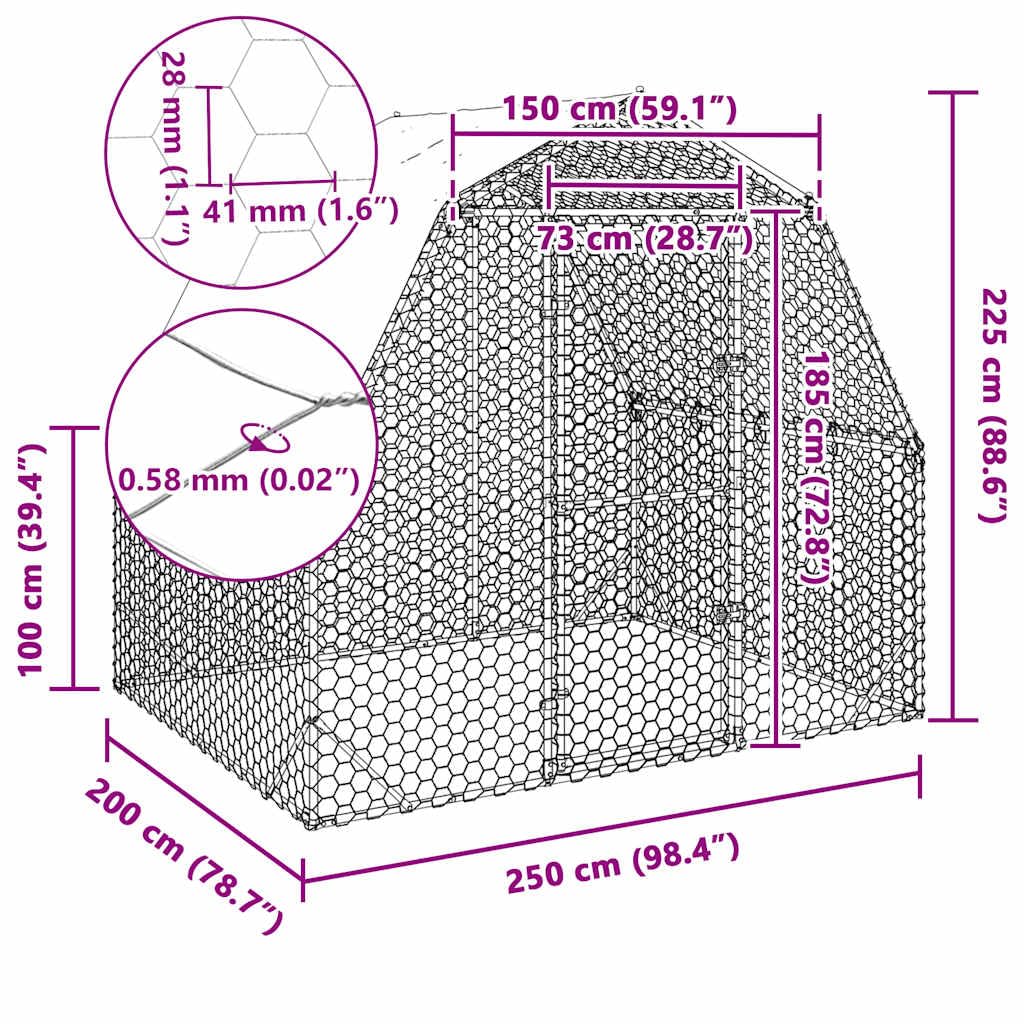 Kurnik z dachem, stal ocynkowana, 2,5 x 2 x 2,25 m, wybieg z ochroną drzwi, dla królików, świnek morskich, woliery i małych zwierząt