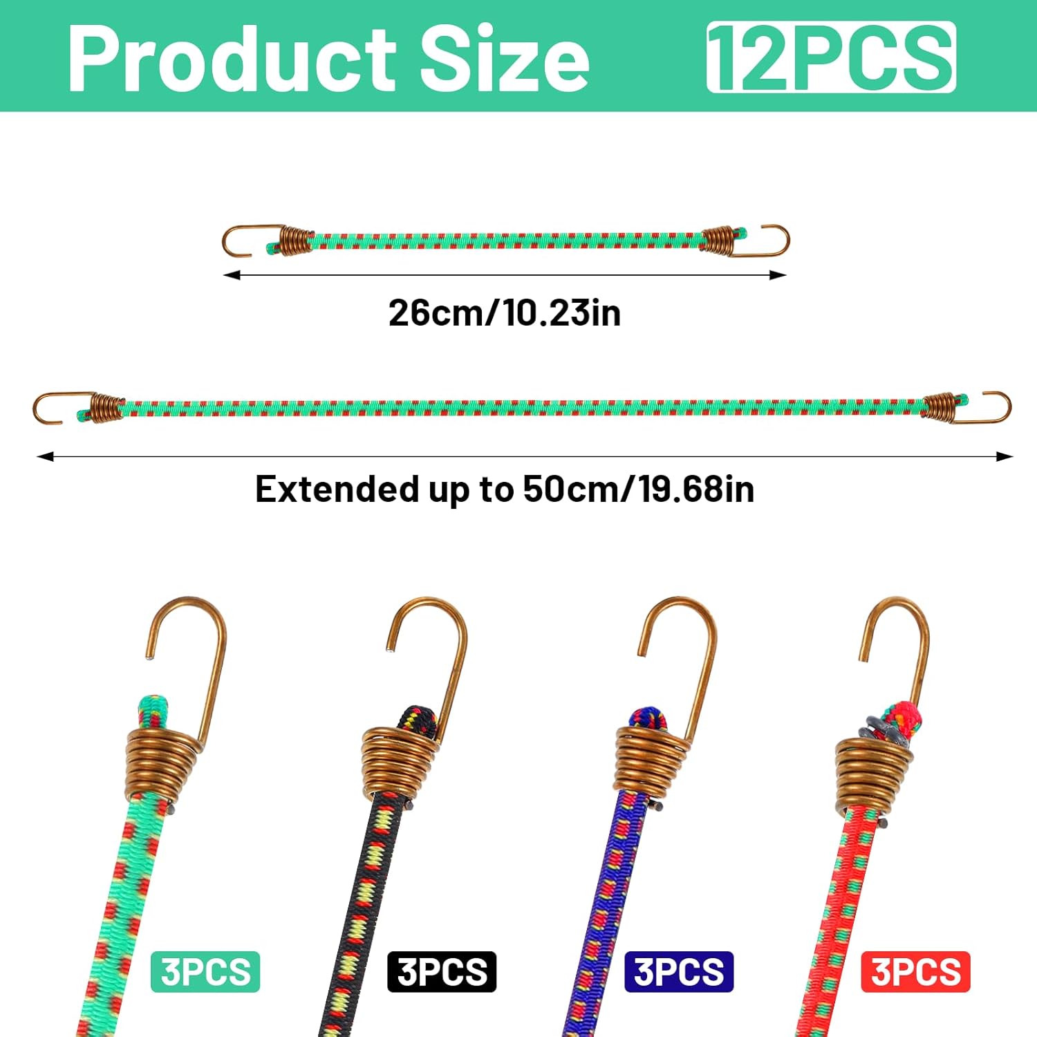 12 Pcs Small Bungee Cords with Hooks, 10 Inch Short Bungee Cords for Outdoor Camping Luggage Roof Racks Tents Tarps Bikes Car Rvs Hang Tool (4 Colors)