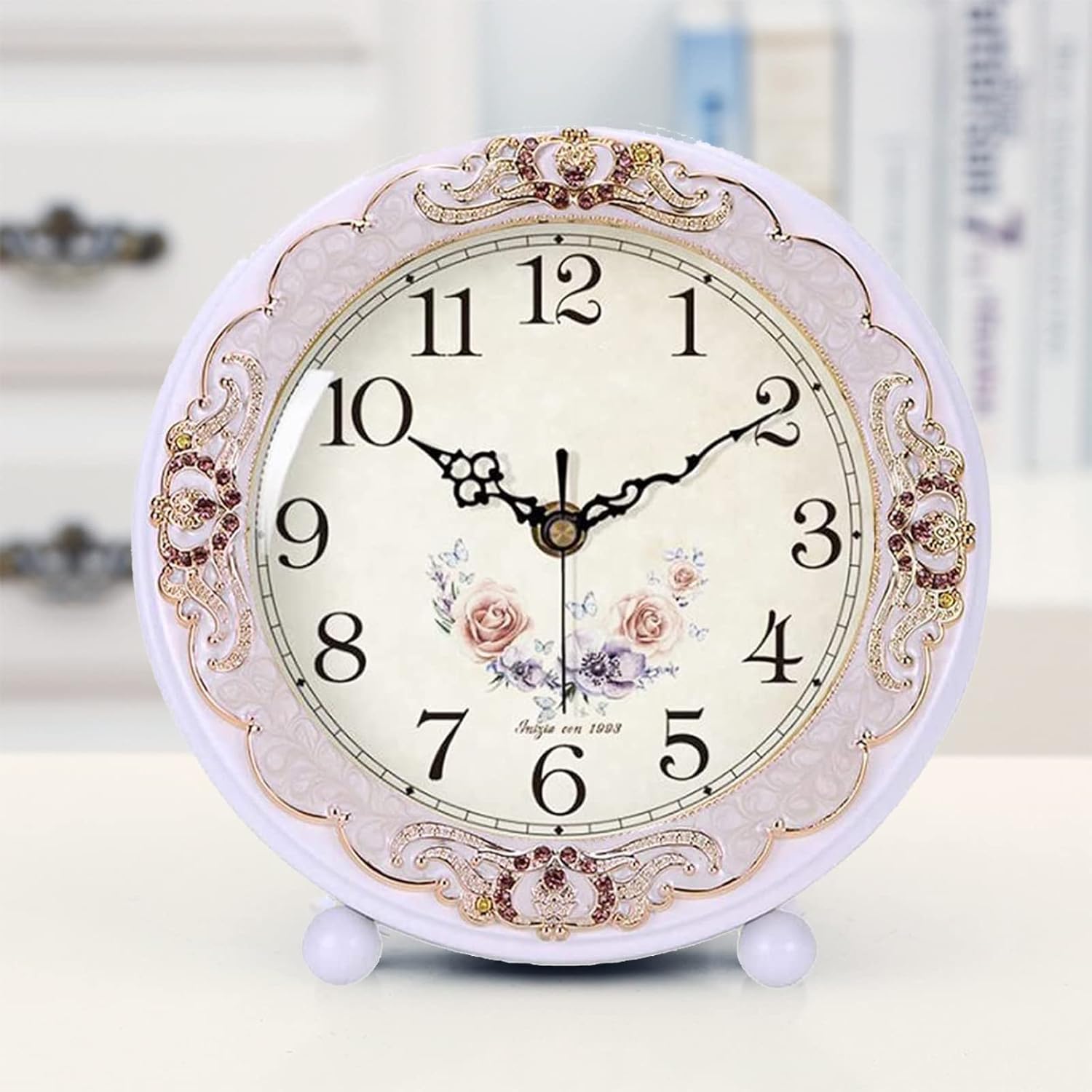 Justup Vintage Wooden Table Clock, Retro Non-Ticking European Style Beside Mantle Desk Clock Battery Operated Silent Quartz Movement for Bedroom Living Room Indoor Decor (White-Rose)