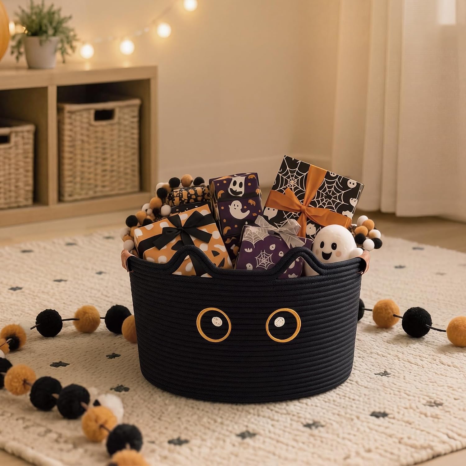 Yookeer Black Cat Basket Halloween Cute Cat Toy Box Storage, 15 x 10 x 9 In