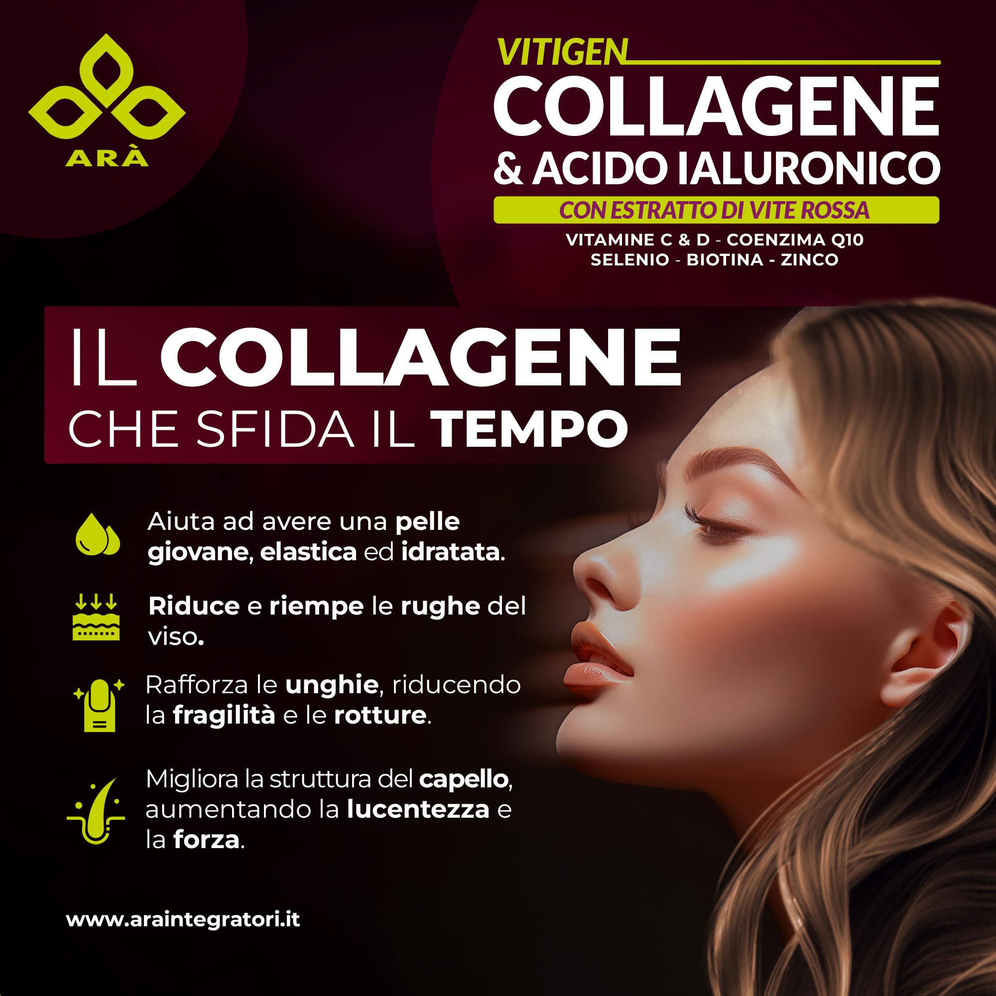 Collagene e Acido Ialuronico ARÀ®, 2400mg Collagene Idrolizzato, 210mg Acido Ialuronico,180 CPR con Vite Rossa, Vitamina C e D, Coenzima Q10, Selenio e Biotina-VITIGEN