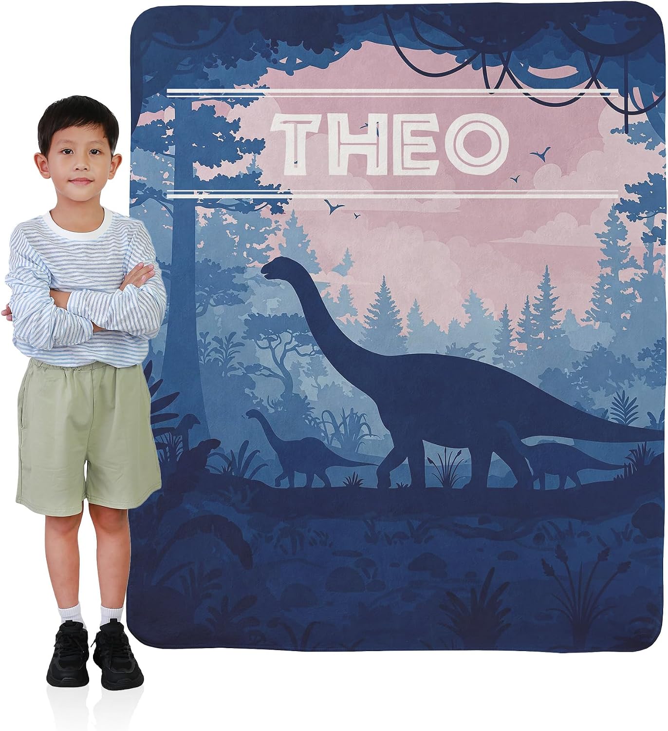 Personalized Dinosaur Blanket for Boys – Custom Name Dinosaur Sherpa Fleece Blanket, Soft & Cozy Jurassic Throw Blanket – Birthday Gift for Kids, Boys; 50"x60" 1-Sided Printing, Printed in The USA