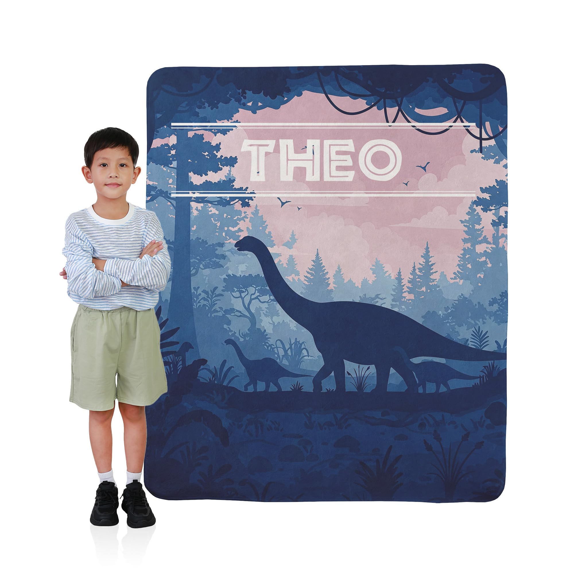 Personalized Dinosaur Blanket for Boys – Custom Name Dinosaur Sherpa Fleece Blanket, Soft & Cozy Jurassic Throw Blanket – Birthday Gift for Kids, Boys; 50
