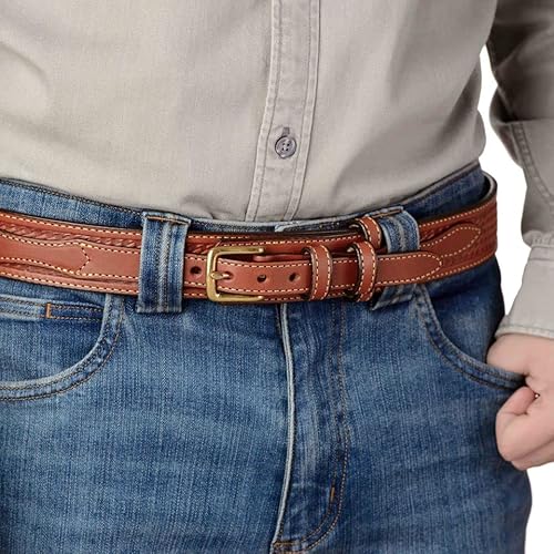 Bullhide Belts Mens Leather Western Ranger Belt, Heavy-Duty, Genuine Full Grain Stitched Basket Weave Embossed Leather Belts 1.50" Wide, Made In The Usa, Chestnut Brown, 40 Inches #TOP4
