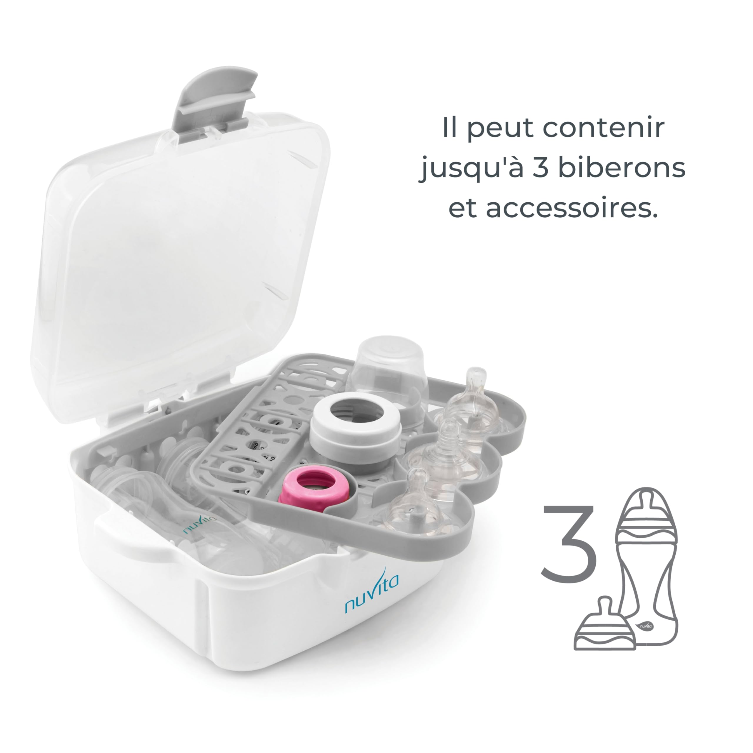 Nuvita 1085 Stérilisateur à vapeur pour biberons, tétines et accessoires pour four à micro-ondes - Stérilise jusqu'à 3 biberons à col large et des accessoires en 2 minutes - Compact et portable, il est équipé de poignées anti-brûlures et est exempt de BPA