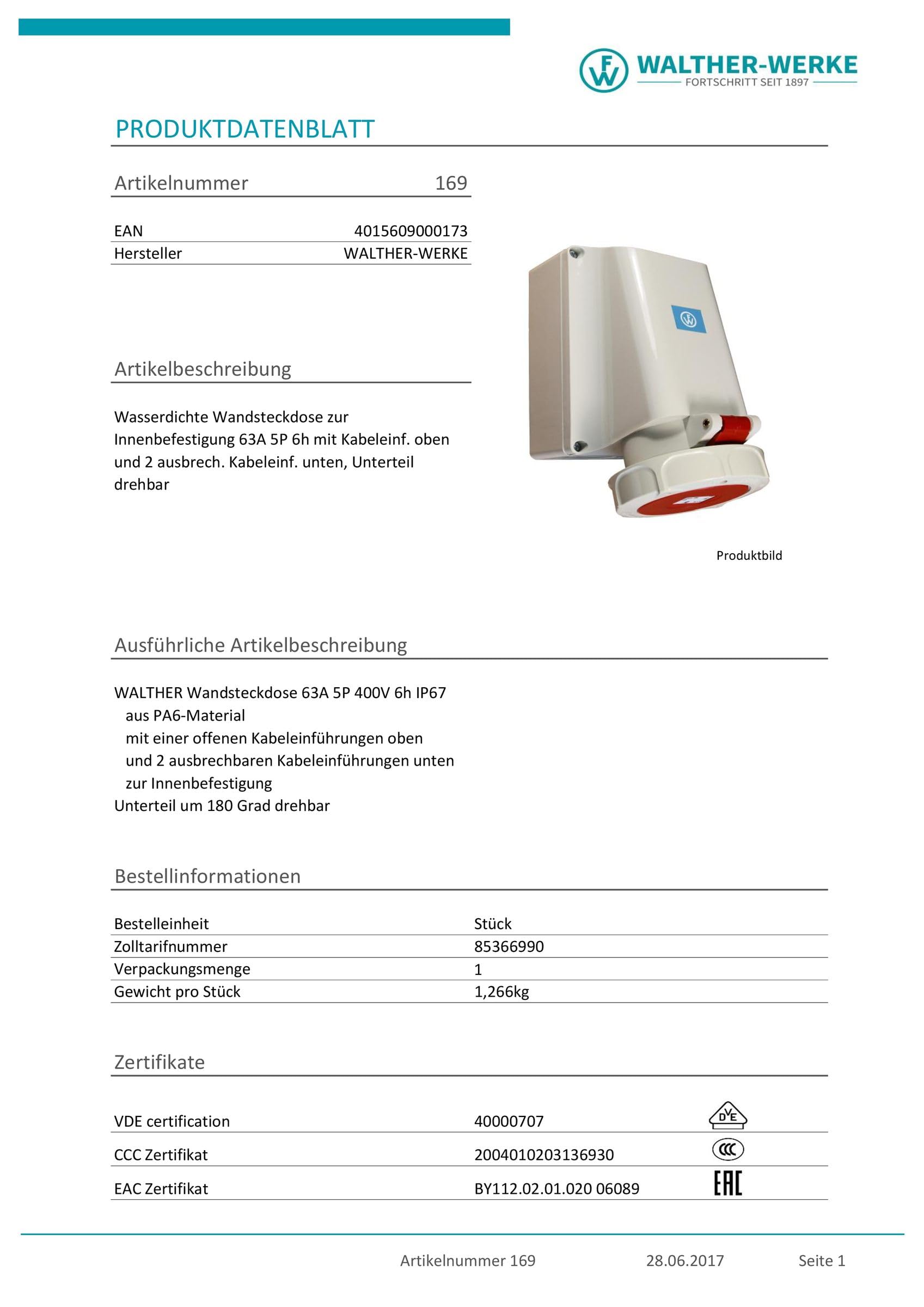 Walther Werke Wandsteckdose 169 63A 5p. 400V 6h IP67 CEE-Steckdose 4015609000173