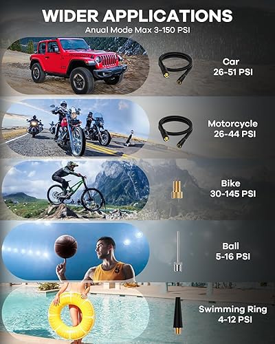 Miniatura 2 de Vondior Compresor de aire portátil mejorado para inflador de neumáticos con medidor de presión digital, bomba de aire inalámbrica de 150 PSI con