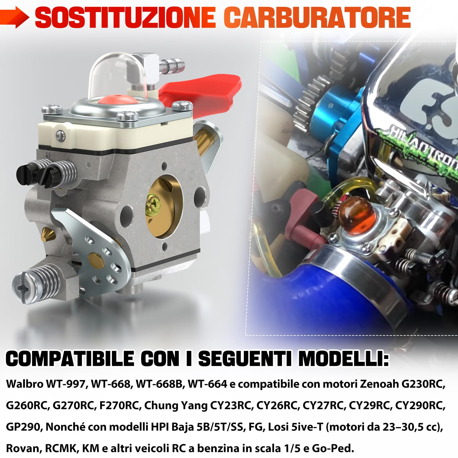 1PZ Kit Carburatore per Walbro WT-668 WT-668B Baja 5B 5T 23-30,5cc | Compatibile con WT-997, WT-664, HPI Baja 5B SS, Rovan, KM, Zenoah, CY, RCMK e Losi 5ive-T
