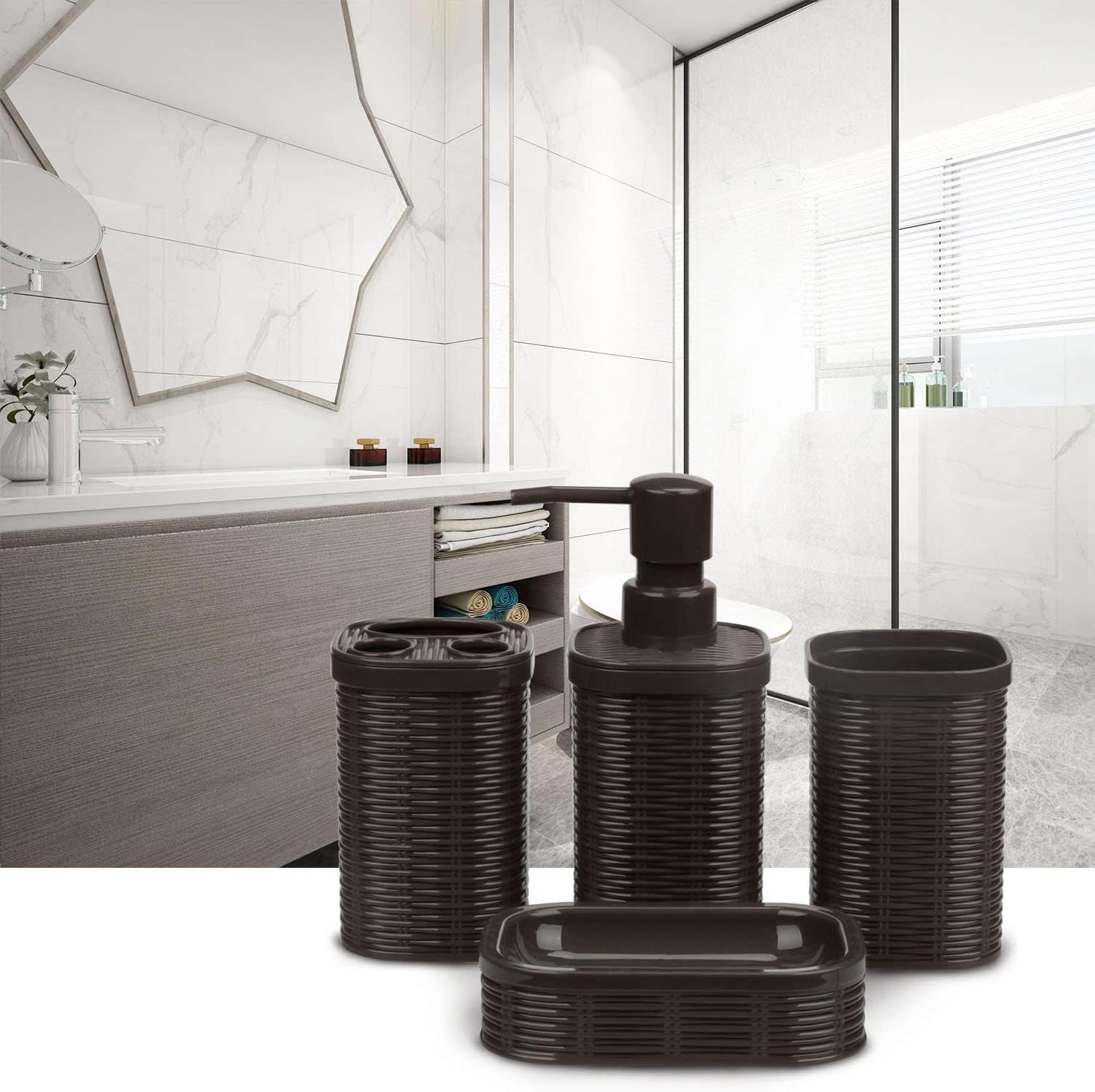 CERBIOR Bathroom Accessories Set 4 Piece Bath Ensemble Includes Soap Dispenser, Toothbrush Holder, Toothbrush Cup, Soap Dish for Decorative Countertop and Housewarming Gift, Brown