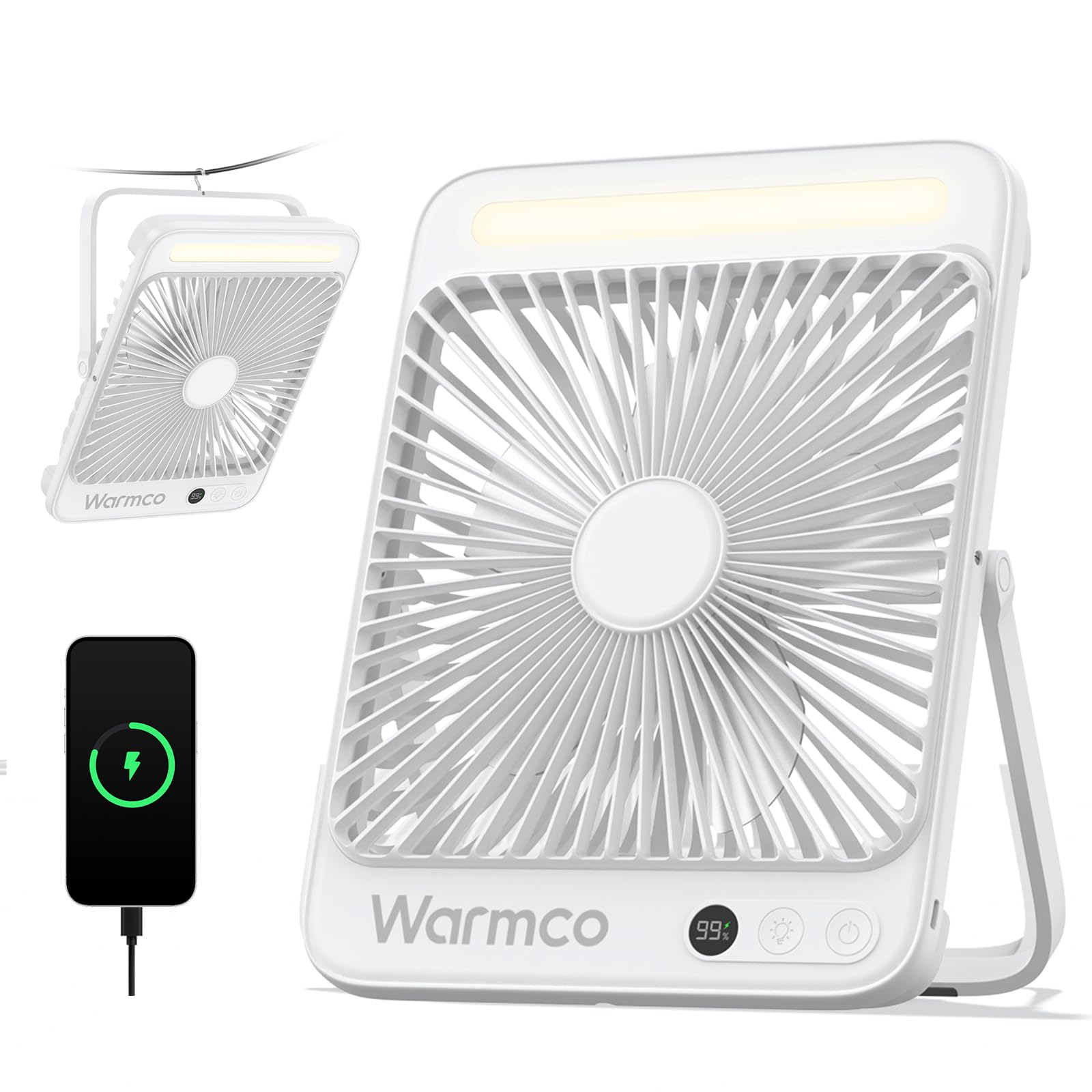 Warmco 20000mAh Akku Camping Ventilator 27cm mit Lampe, 15-48 Std. Laufzeit, Ultra-Leise, Ultraflach, Display, Haken, USB Tischventilator für Zelt, Outdoor, Reisen, Büro, Wohnmobil, Schlafzimmer