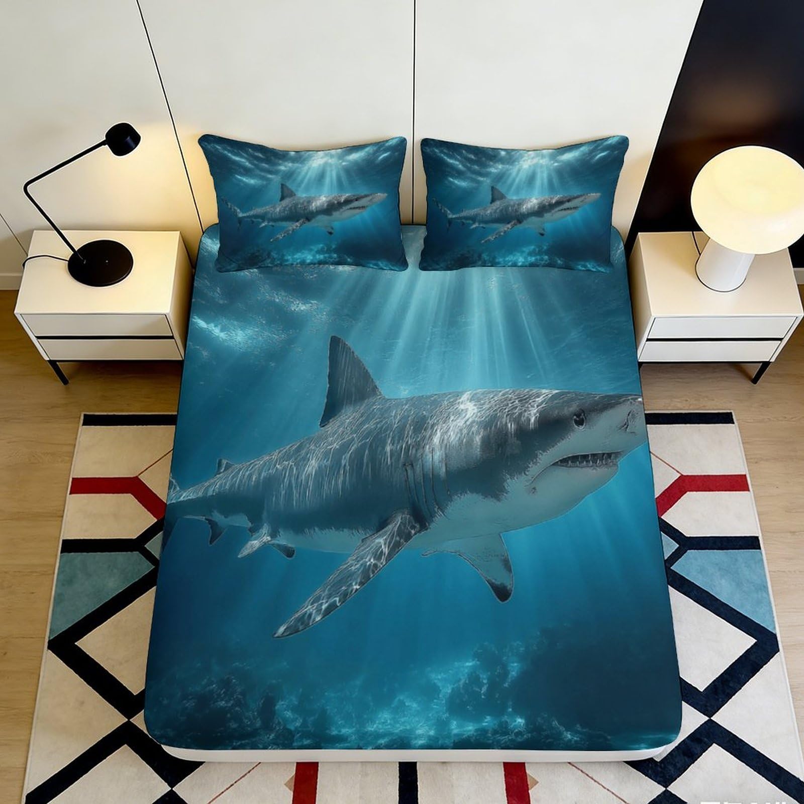 3D Printed Shark Design Fitted Sheet Microfiber Soft Durable Ocean Underwater Bed Cover for Bedroom Dormitory Guest Room Mattress Protection 140x200x25cm