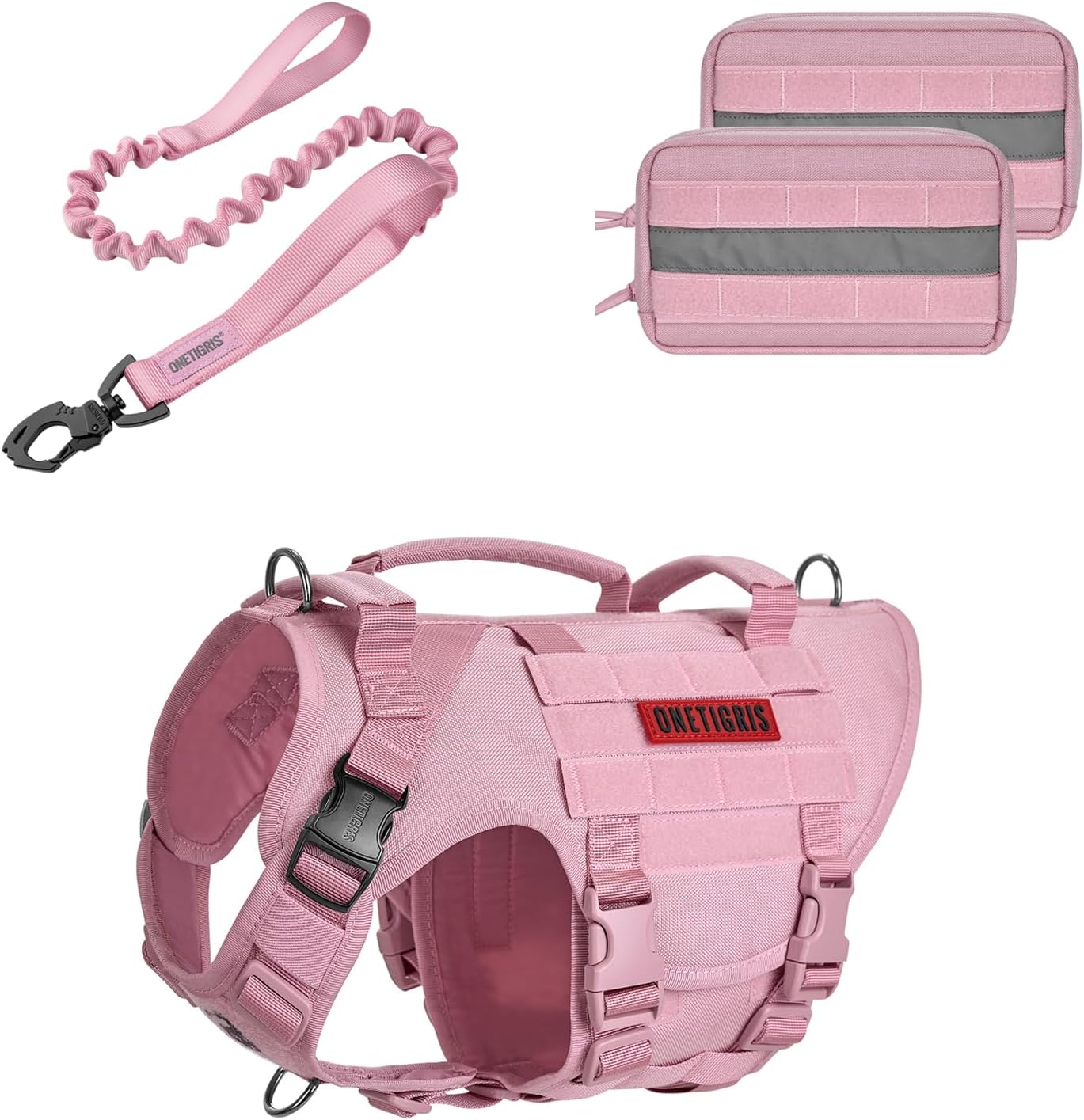 OneTigris Tactical Dog Training Bundle - No Pull Harness, Bungee Leash, and Saddle Bag Backpack for Medium to Large Dogs (Pink)