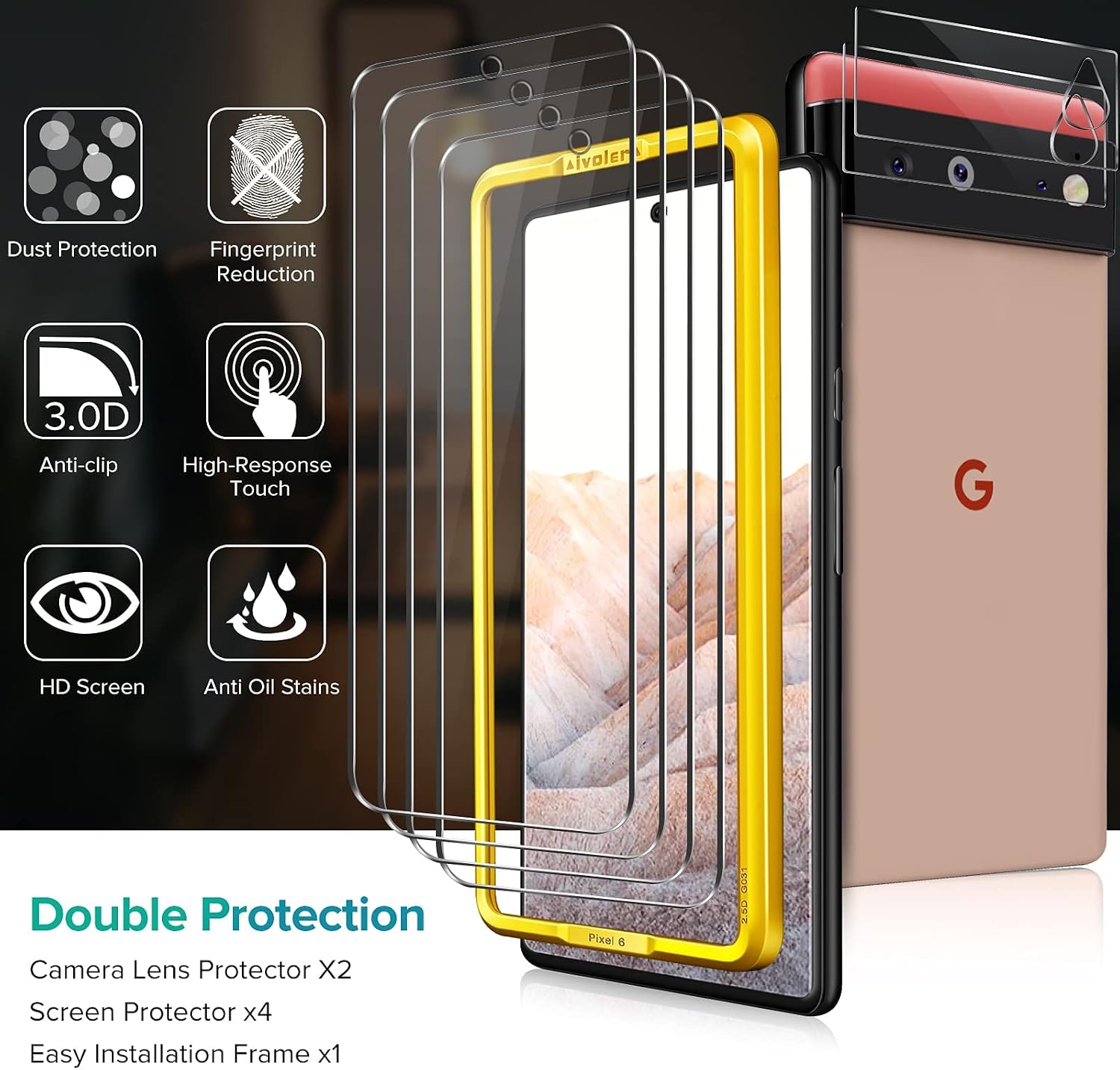 ivoler [6 Pack] Screen Protector for Google Pixel 6 [4 Pack] with 2 Pack Camera Lens Protector Tempered Glass for Pixel 6 with Alignment Frame Easy Installation Anti-Scratch HD Clear Film, 6.4 inch