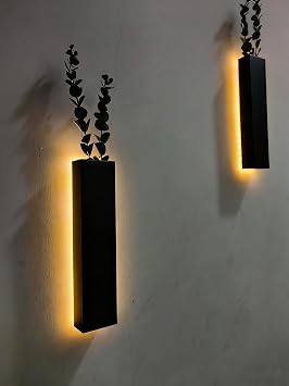 2 Pack Artificial Eucalyptus with LED Lights Wall Planters Rustic Wall Decor with Lights Wall Sconces for Room Decor Home Bedroom Living Room Hanging Vase for Dried Flowers Faux Plants (Black)