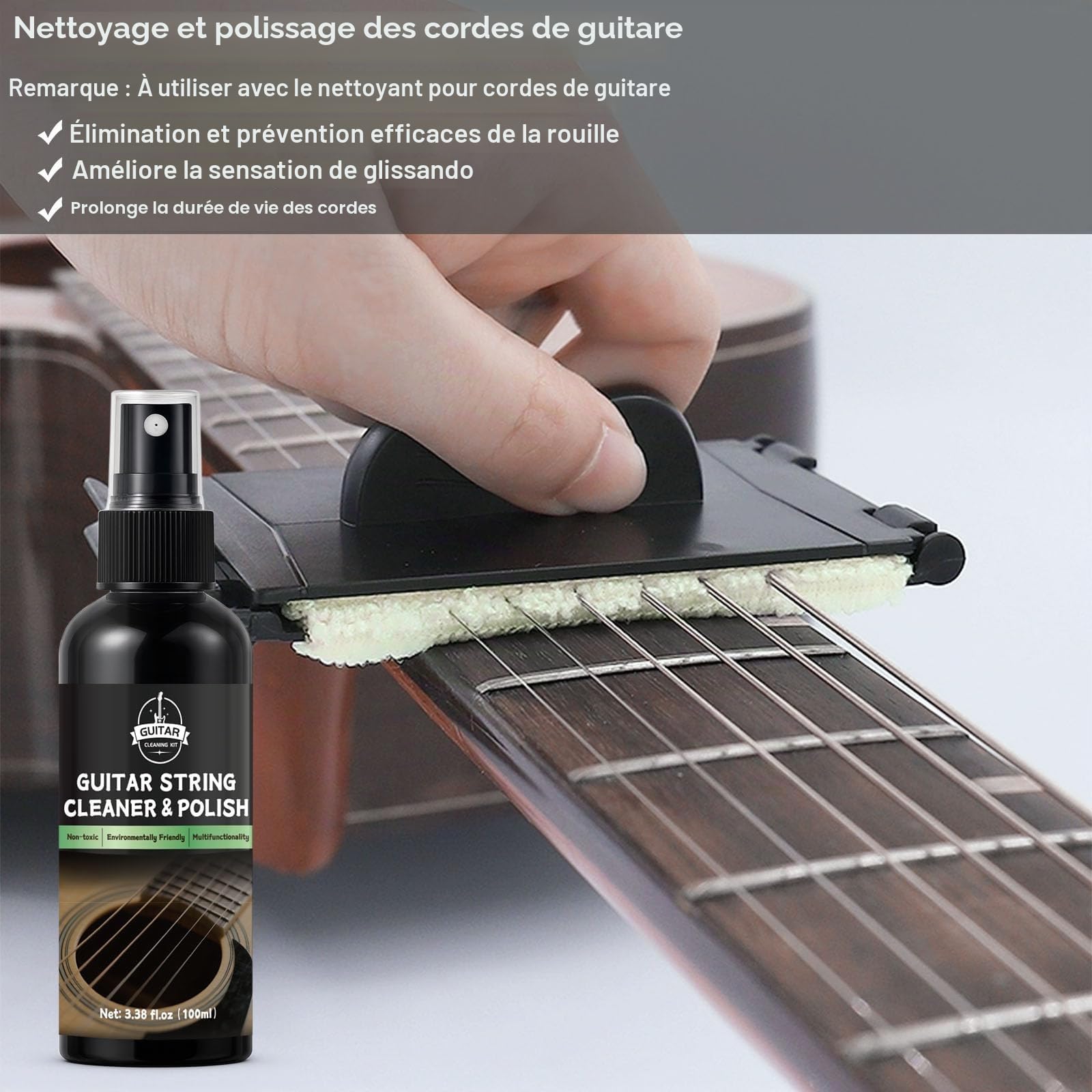 kit nettoyage guitare 9 pièces, produits de nettoyage et d'entretien pour guitares, Huile Citronnée pour Touche, Nettoyant Cordes, Polish Frettes et Accessoire Guitare