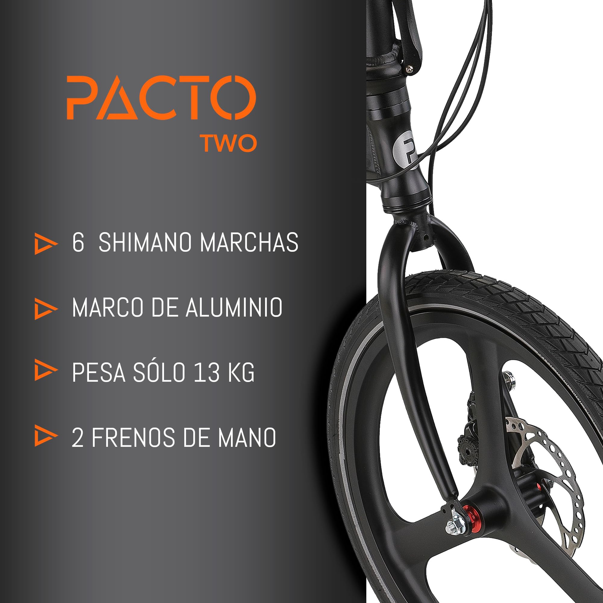 PACTO Bicicleta plegable de 20 pulgadas con sistema de plegado rápido (10 segundos), marco de aluminio, peso ligero (13 kg), Shimano de 6 velocidades, freno de disco doble y luz LED